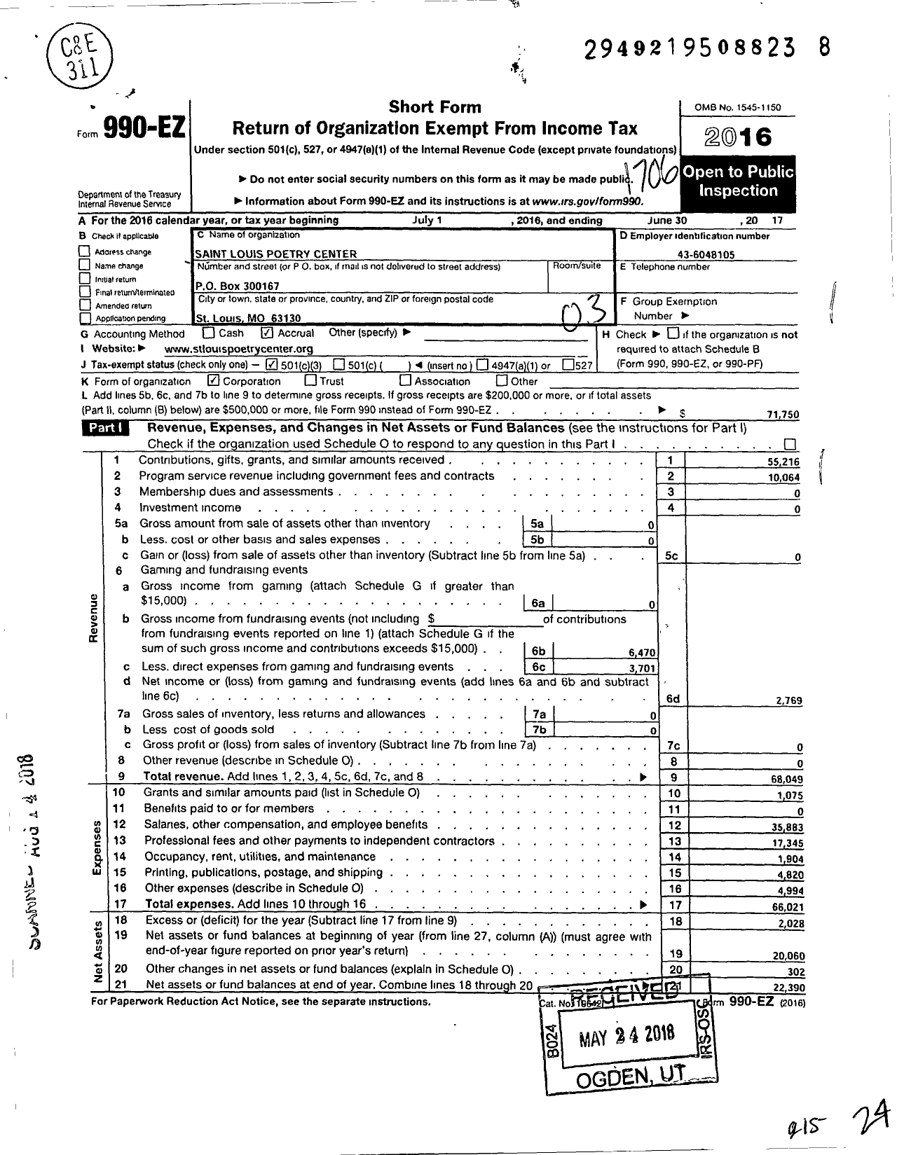 Image of first page of 2016 Form 990EZ for St Louis Poetry Center