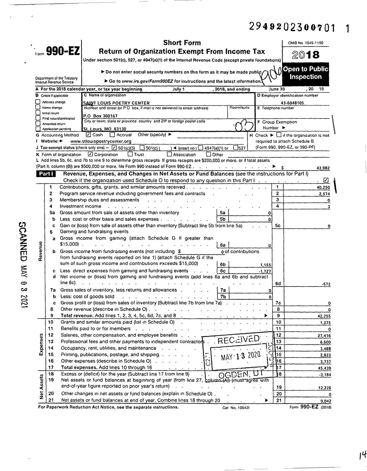 Image of first page of 2018 Form 990EZ for Saint Louis Poetry Center