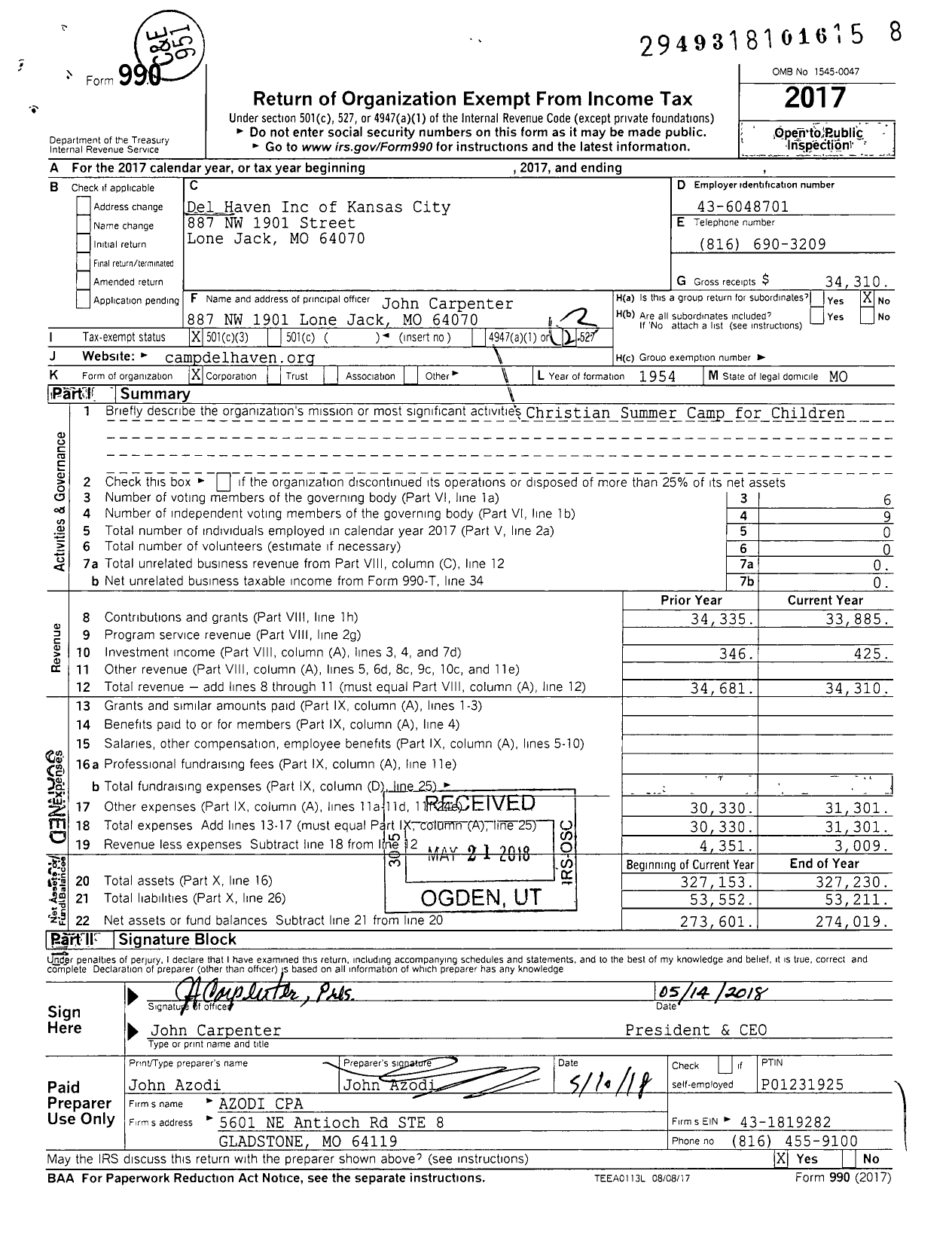 Image of first page of 2017 Form 990 for Del Haven of Kansas City