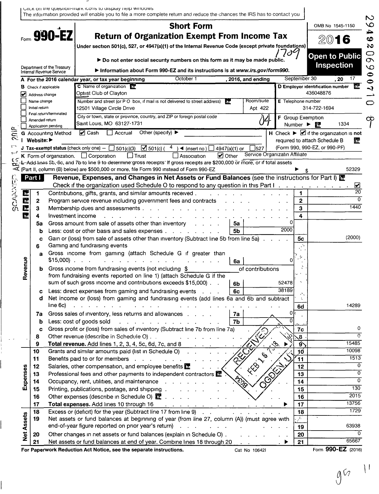 Image of first page of 2016 Form 990EO for OPTIMIST INTERNATIONAL - 30105 Oc of Clayton Mo