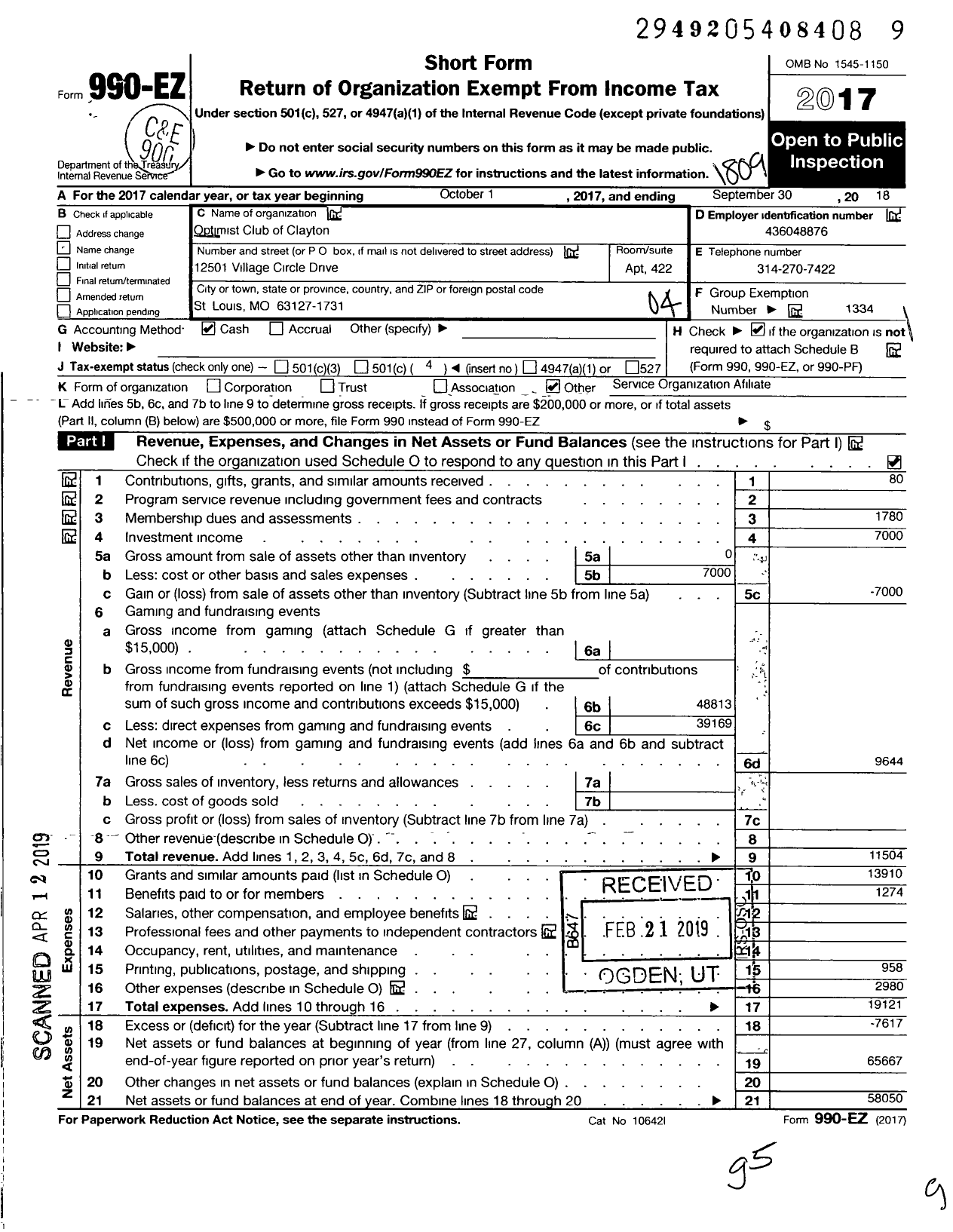 Image of first page of 2017 Form 990EO for OPTIMIST INTERNATIONAL - 30105 Oc of Clayton Mo
