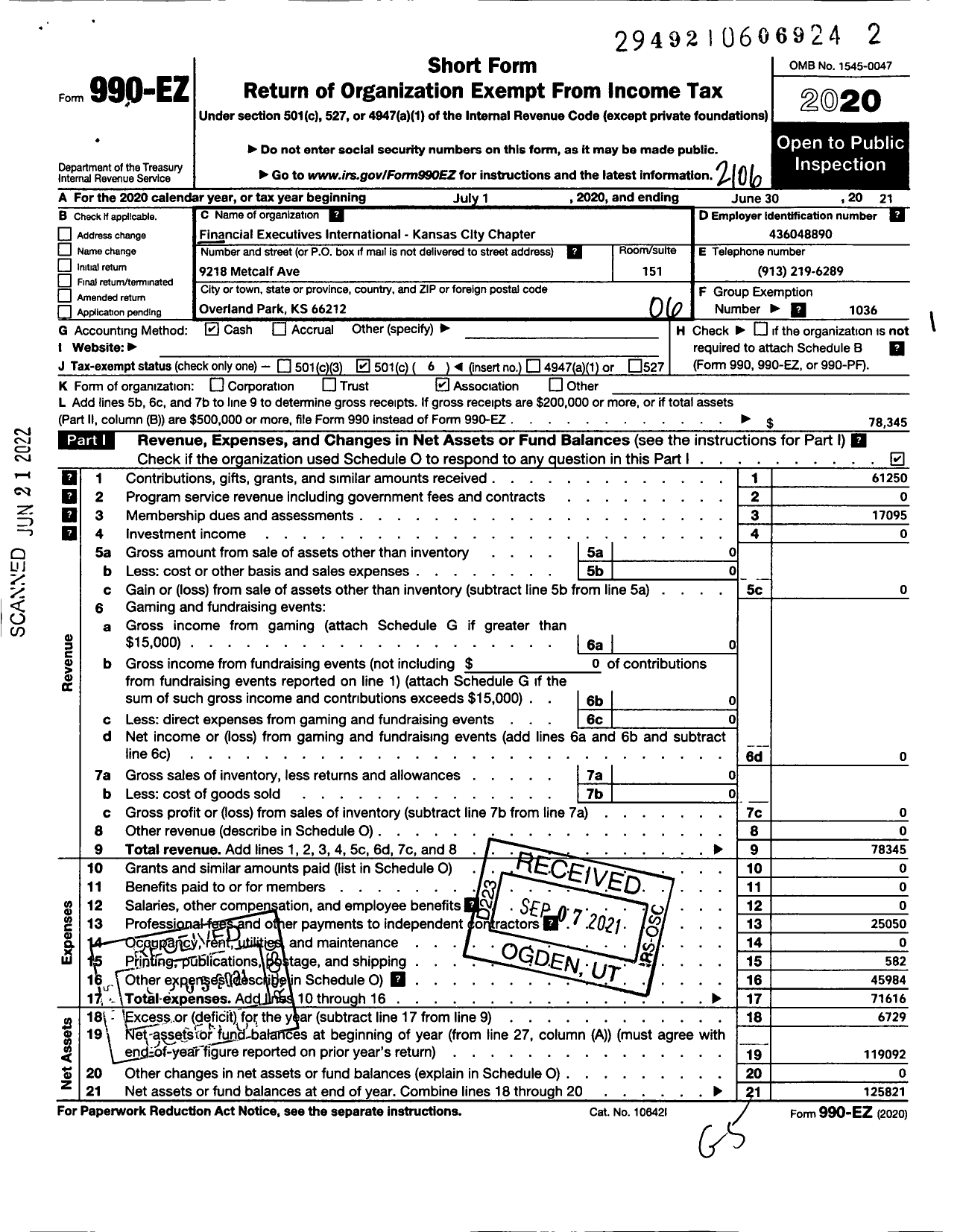 Image of first page of 2020 Form 990EO for FINANCIAL EXECUTIVES INTERNATIONAL Kansas City Chapter