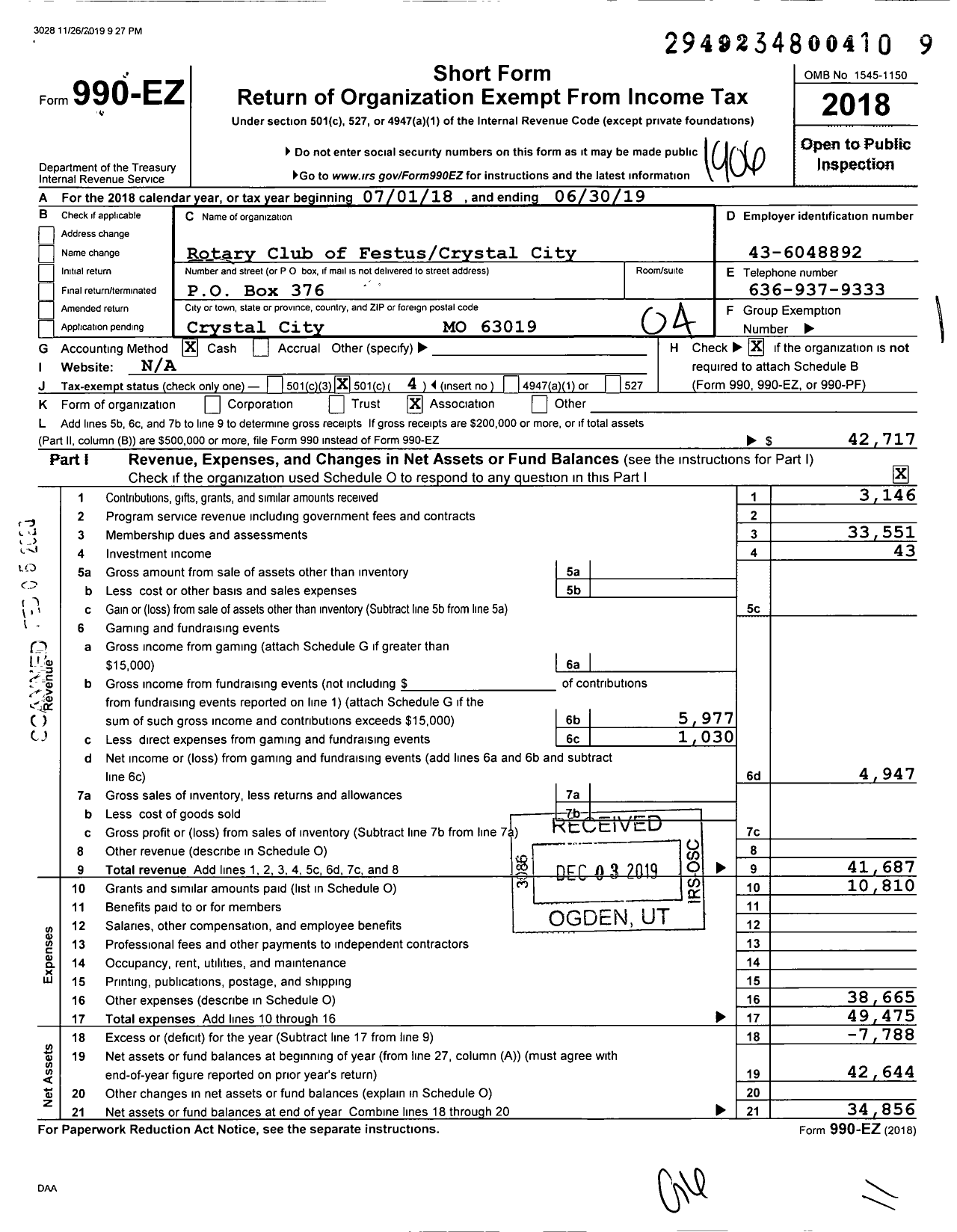 Image of first page of 2018 Form 990EO for Rotary International - Rotary Club of Festus-Crystal City