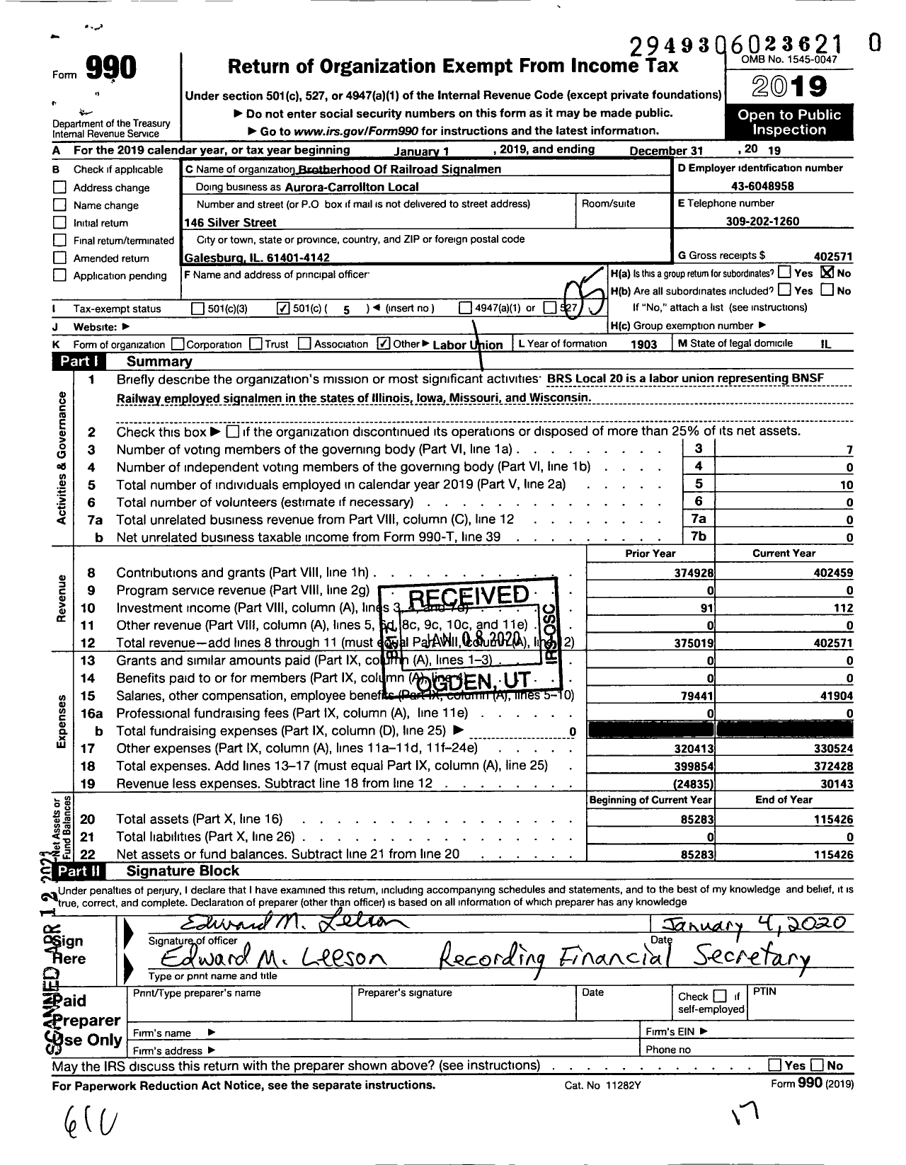 Image of first page of 2019 Form 990O for Brotherhood Of Railroad Signalmen - Aurora-Carrollton Local 20