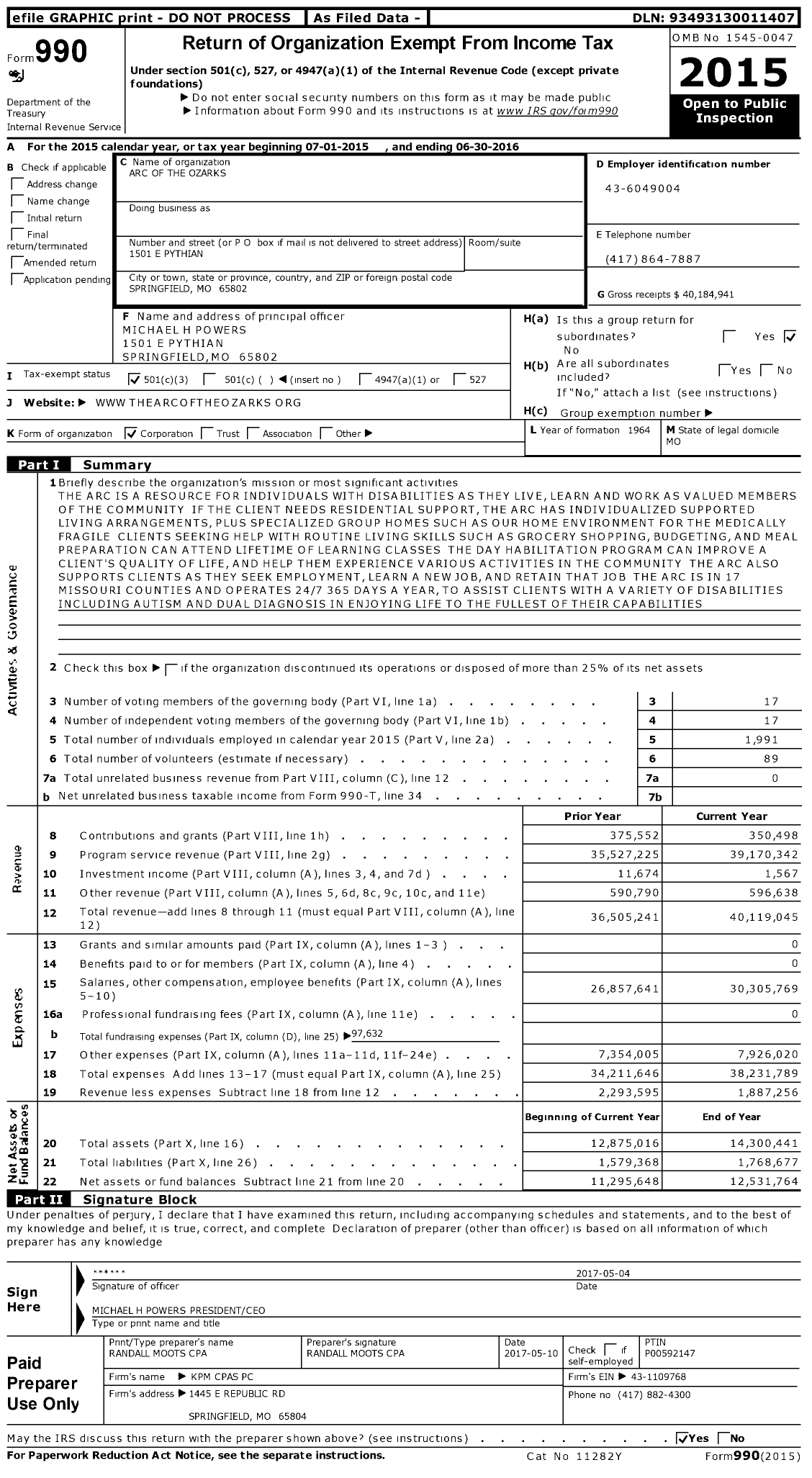 Image of first page of 2015 Form 990 for Arc of the Ozarks