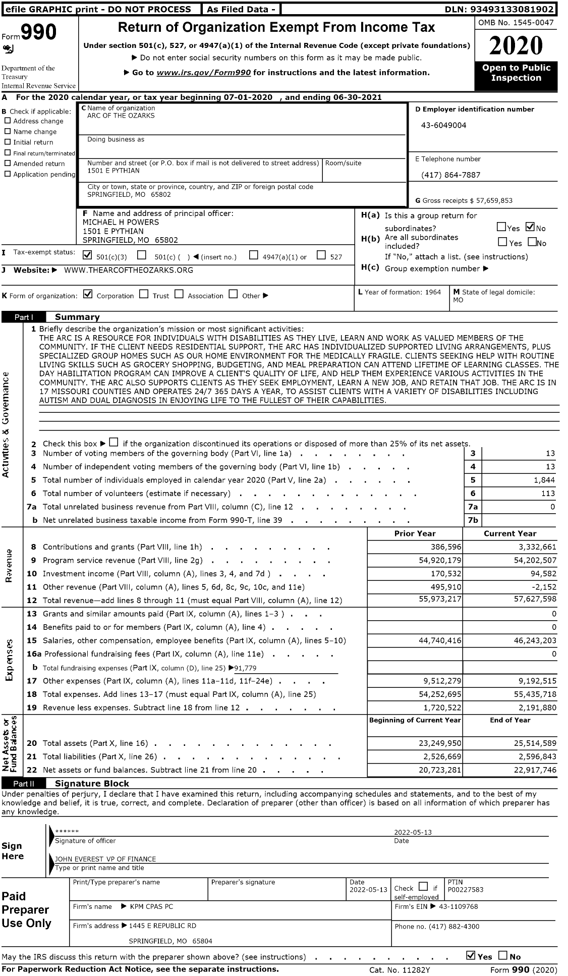 Image of first page of 2020 Form 990 for Arc of the Ozarks