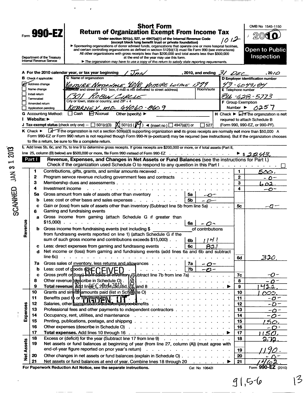 Image of first page of 2010 Form 990EO for The Forty and Eight - 1379 Voiture Locale