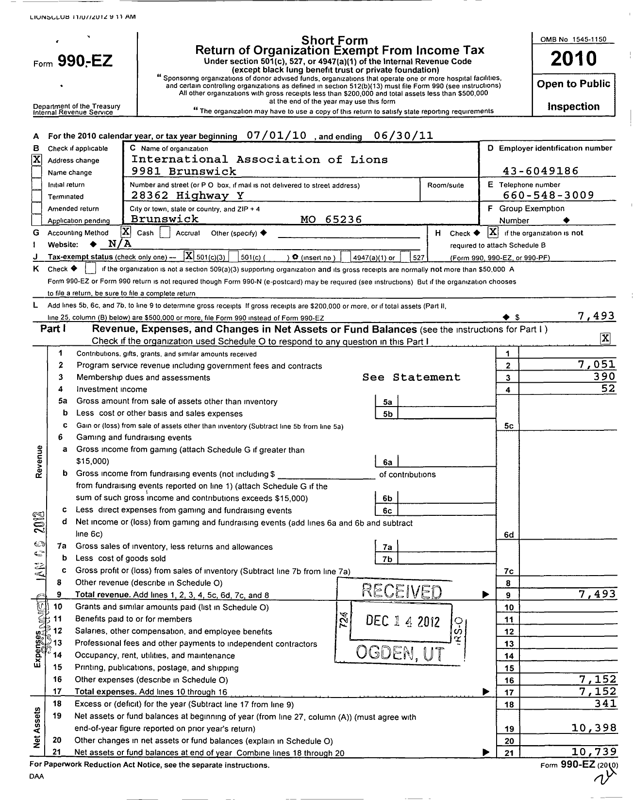 Image of first page of 2010 Form 990EZ for Lions Clubs - 9981 Brunswick