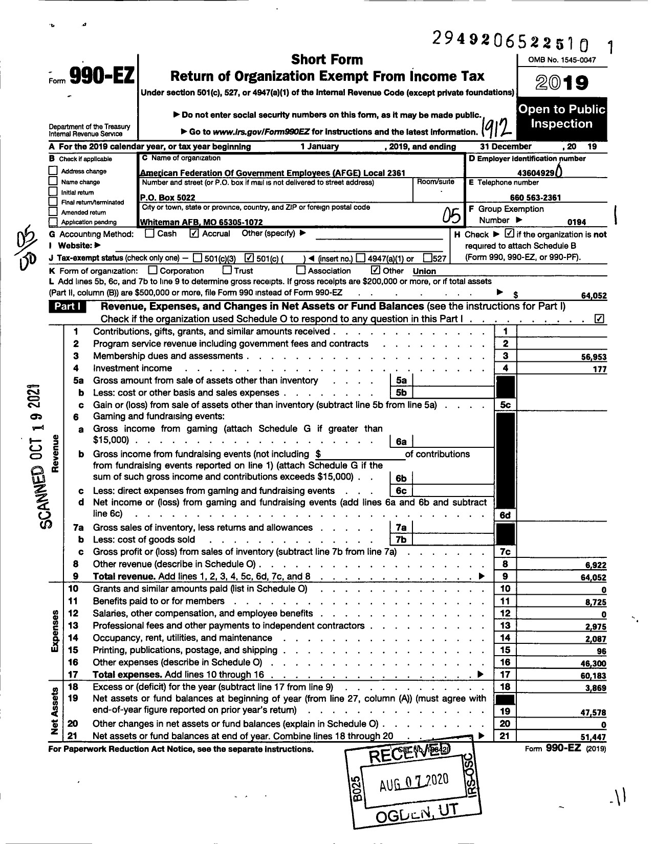 Image of first page of 2019 Form 990EO for AMERICAN FEDERATION OF GOVERNMENT EMPLOYEES Afge Local 2361