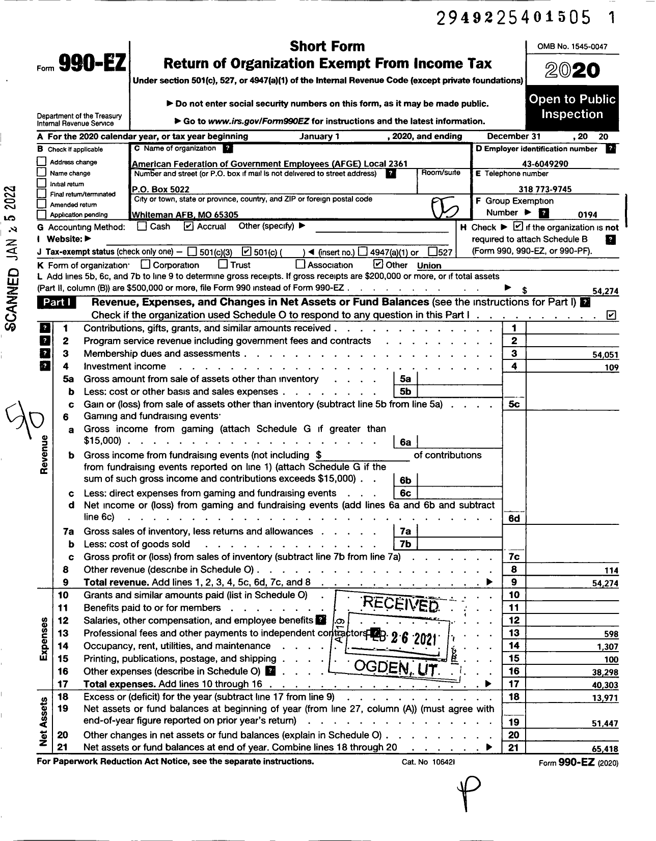 Image of first page of 2020 Form 990EO for AMERICAN FEDERATION OF GOVERNMENT EMPLOYEES Afge Local 2361