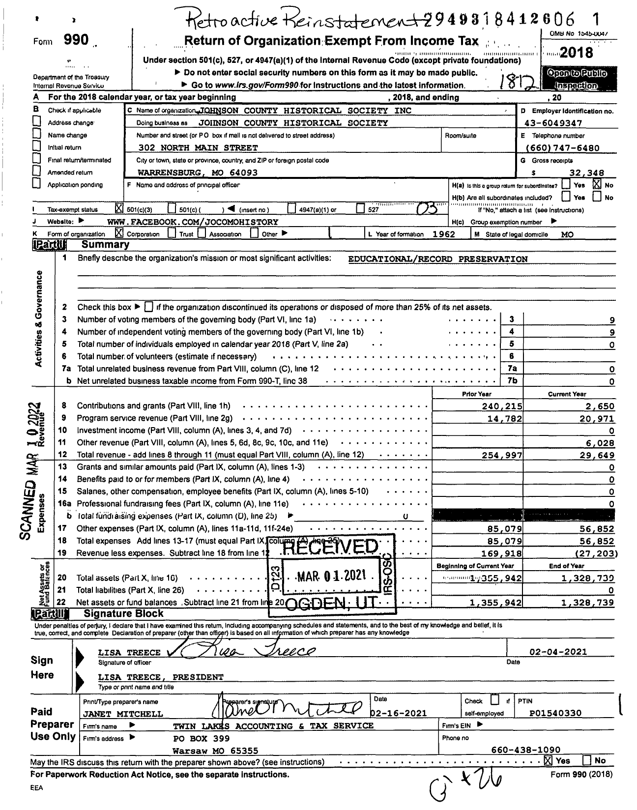 Image of first page of 2018 Form 990 for Johnson County Historical Society