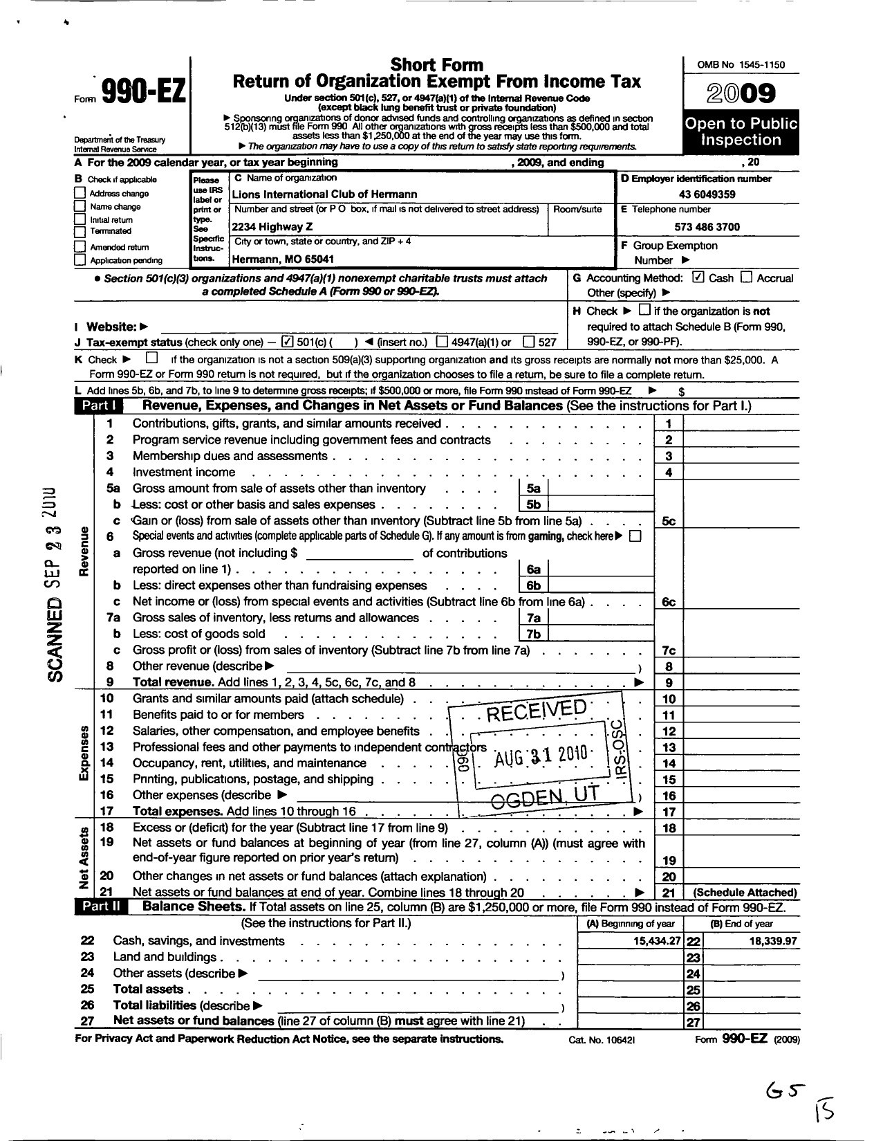 Image of first page of 2009 Form 990EO for Lions International Club of Hermann