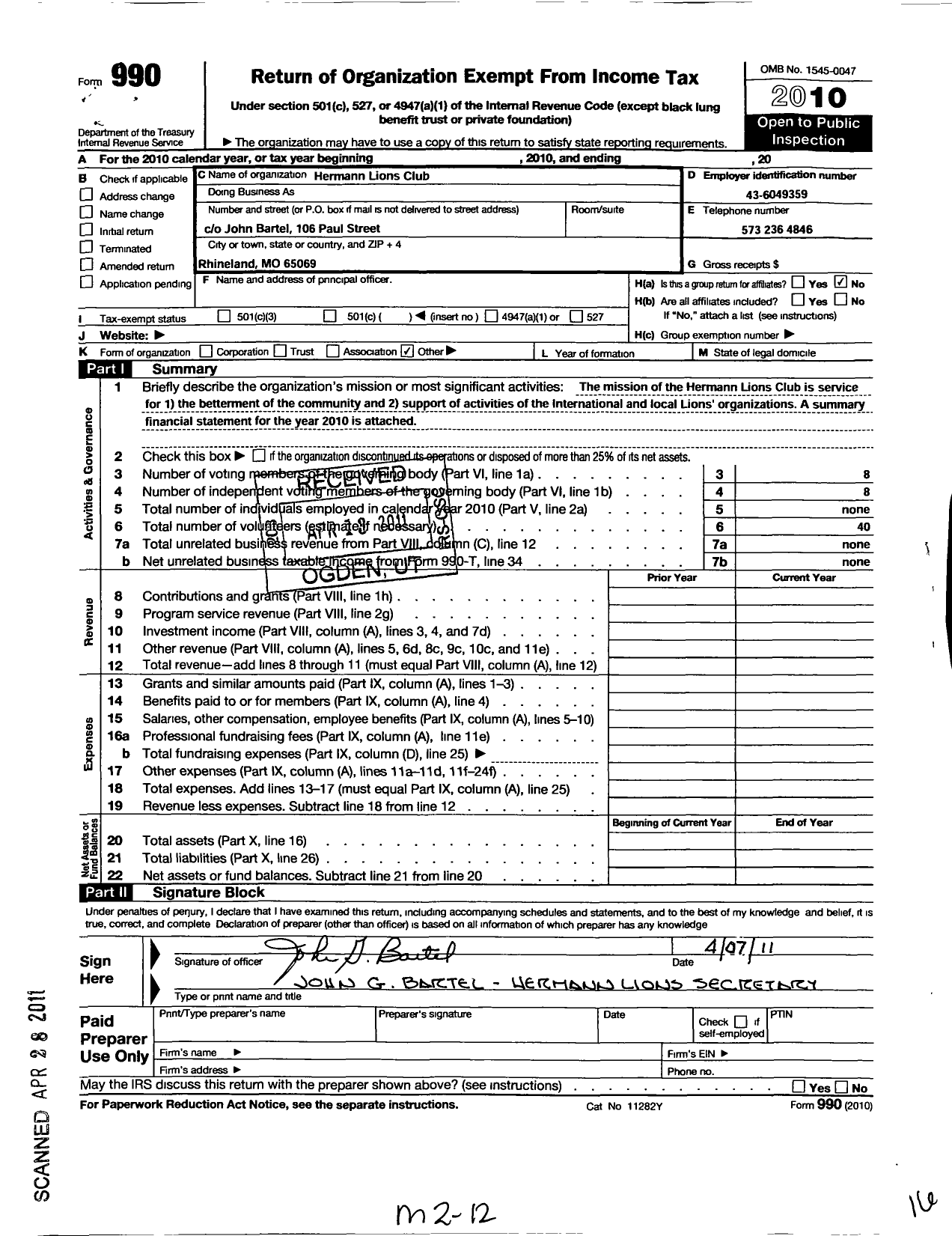 Image of first page of 2010 Form 990O for Lions International Club of Hermann