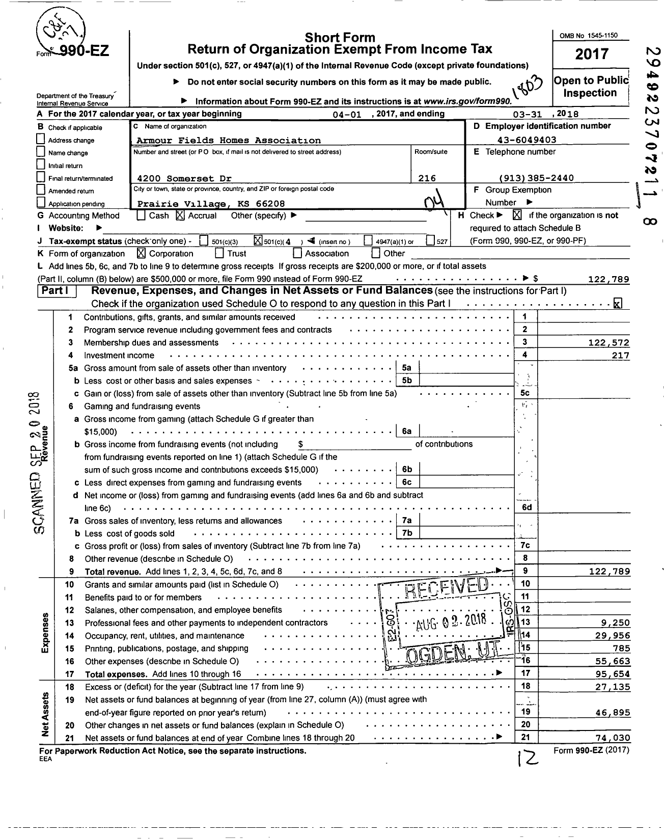 Image of first page of 2017 Form 990EO for Armour Fields Homes Association