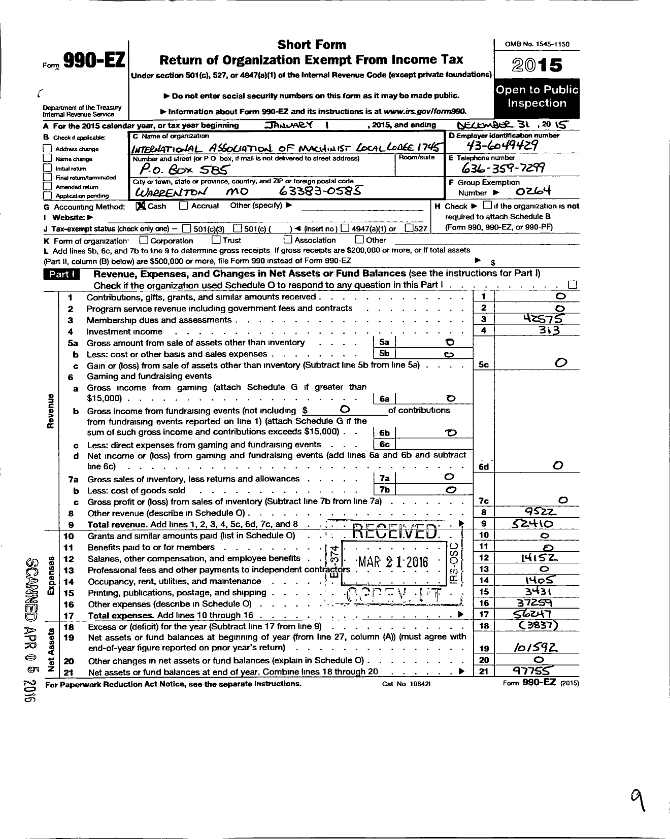 Image of first page of 2015 Form 990EO for International Association of Machinists and Aerospace Workers - 1745