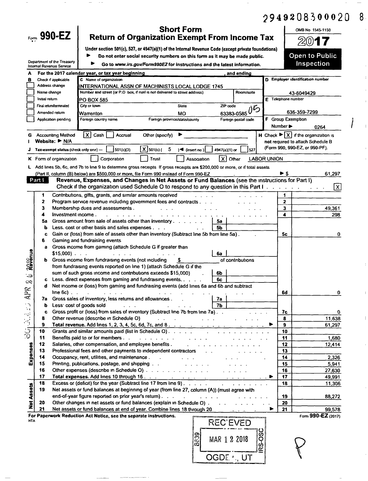 Image of first page of 2017 Form 990EO for International Association of Machinists and Aerospace Workers - 1745