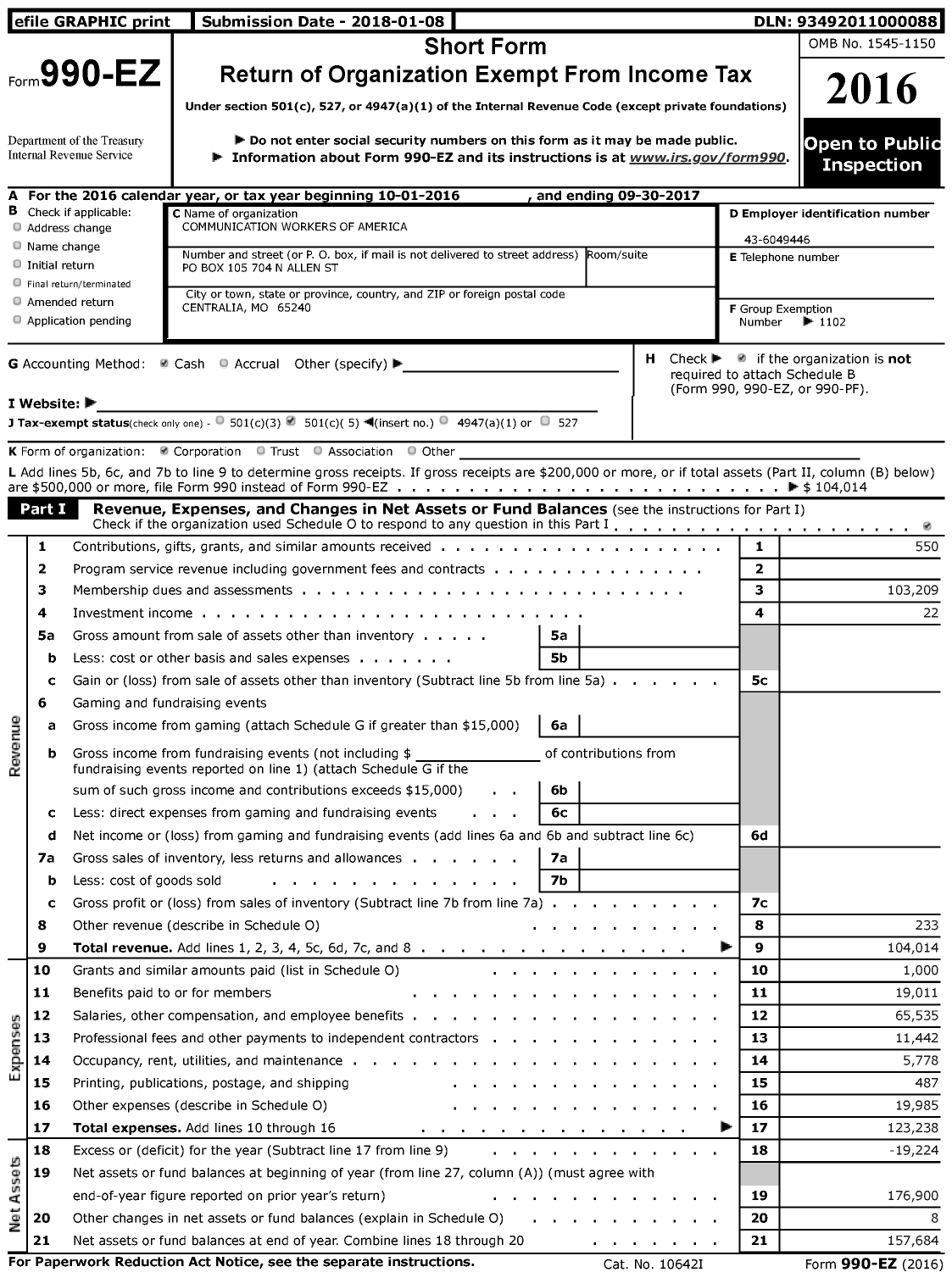 Image of first page of 2016 Form 990EZ for Communications Workers of America - 86821 Local