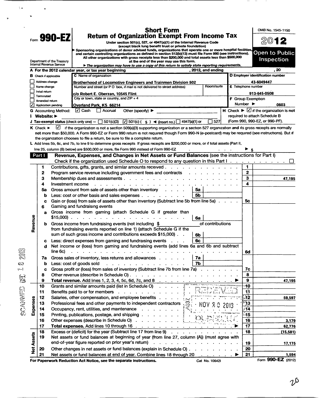 Image of first page of 2012 Form 990EO for Brotherhood of Locomotive Engineers & Trainmen - 502 Blet Division