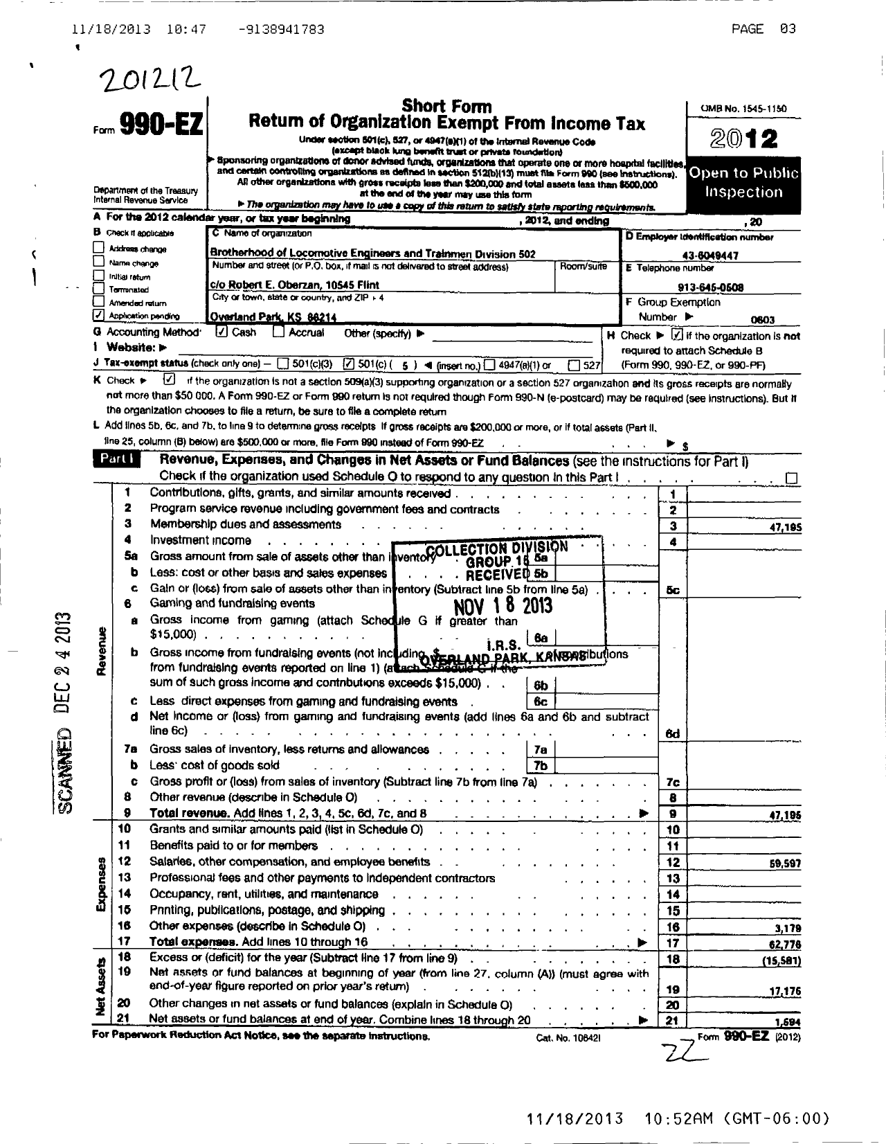 Image of first page of 2012 Form 990EO for Brotherhood of Locomotive Engineers & Trainmen - 502 Blet Division