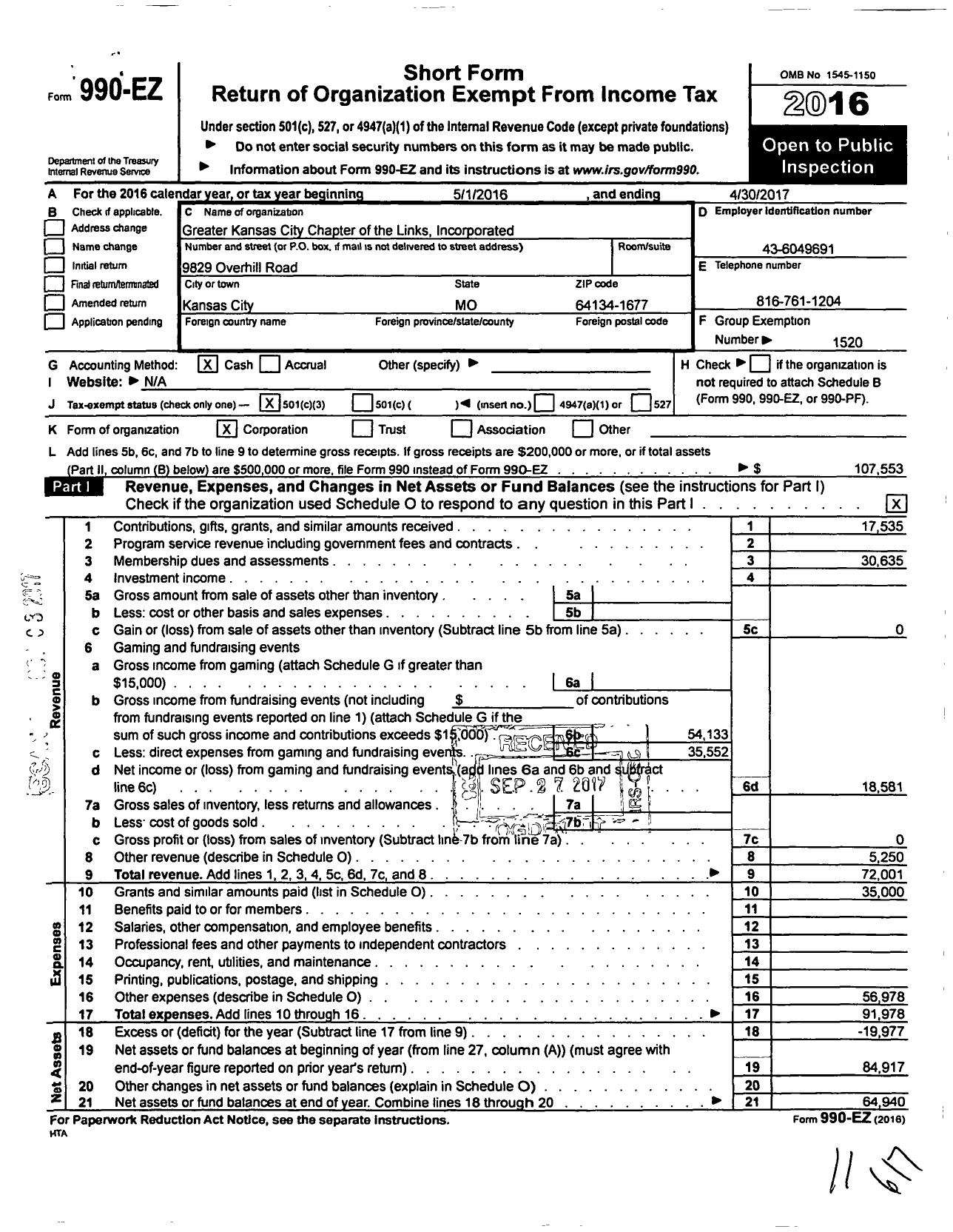 Image of first page of 2016 Form 990EZ for Links Incorporated / Greater Kansas City