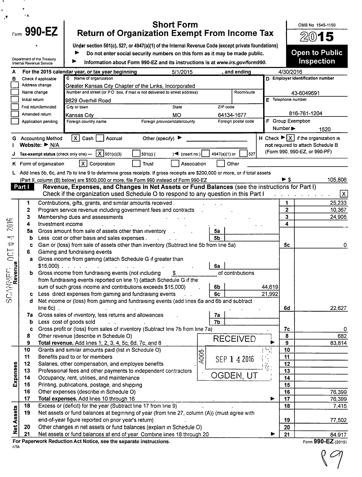 Image of first page of 2015 Form 990EZ for Links Incorporated / Greater Kansas City