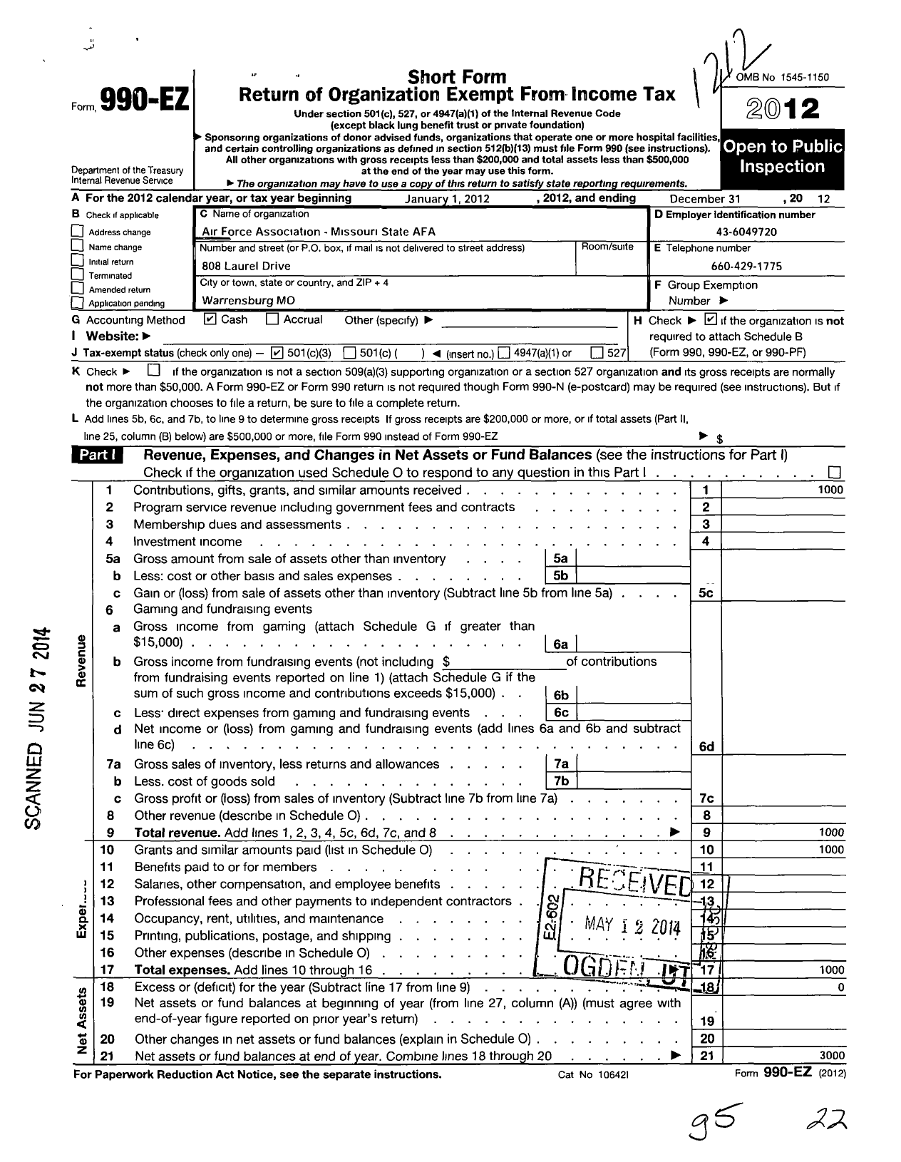 Image of first page of 2012 Form 990EZ for Air Force Association / Missouri State Afa