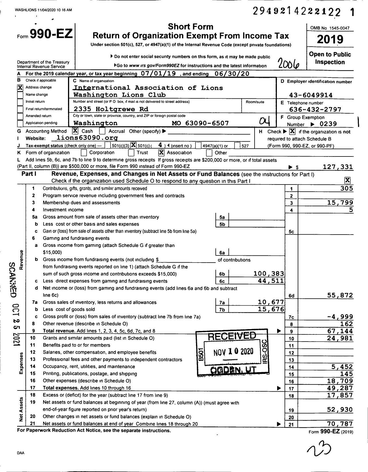 Image of first page of 2019 Form 990EO for Lions Clubs - 9970 Washington