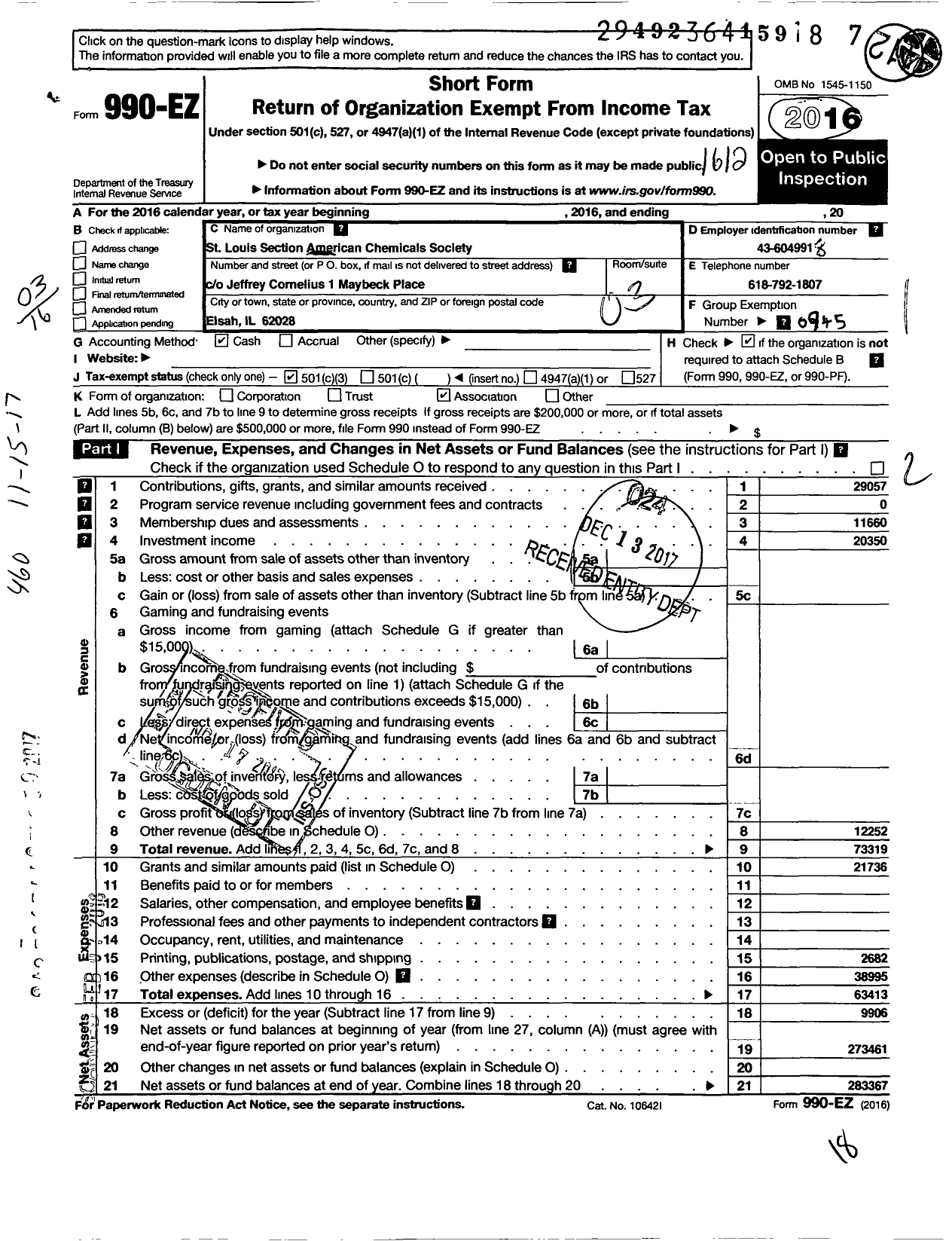 Image of first page of 2016 Form 990EZ for American Chemical Society - St Louis Section