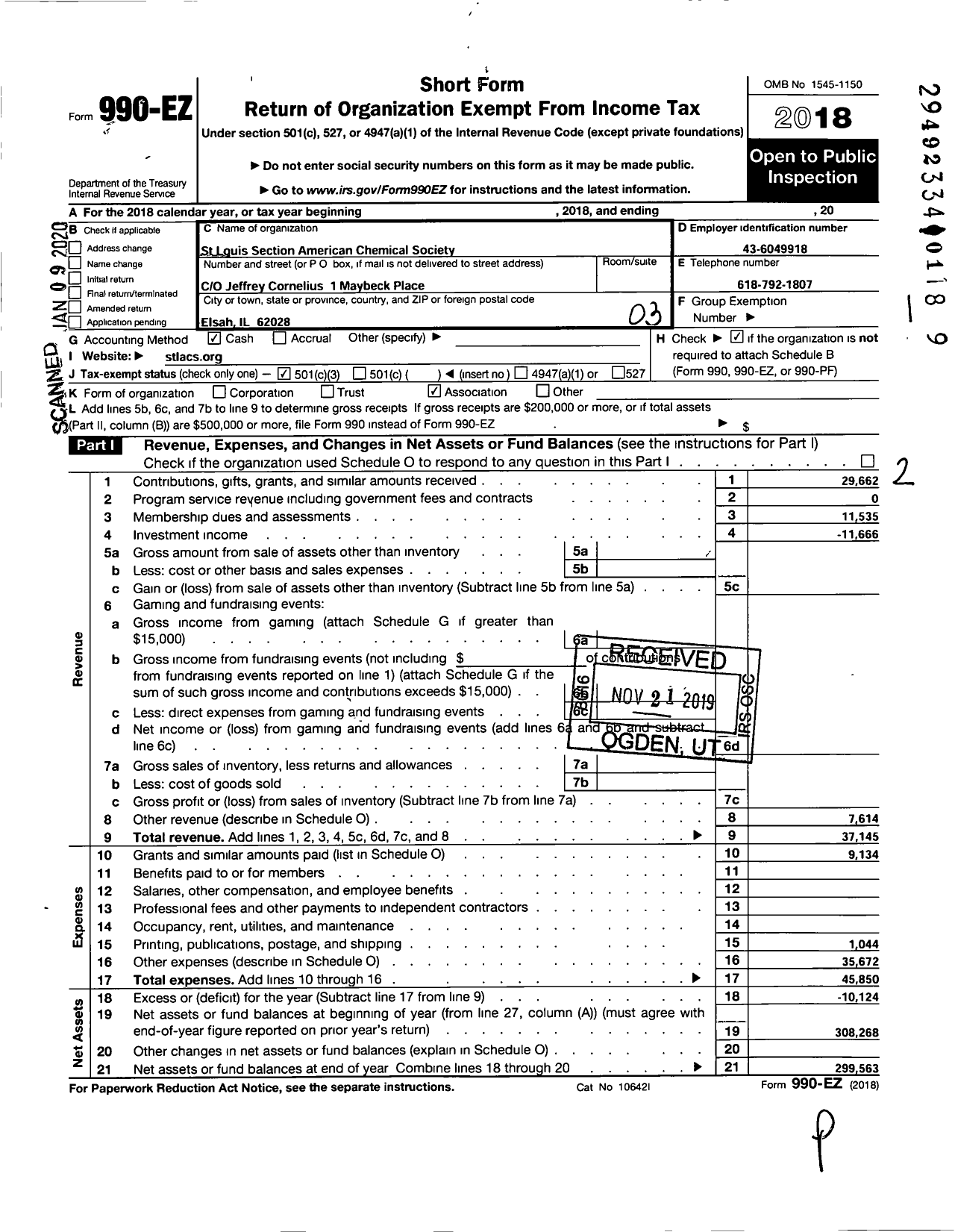 Image of first page of 2018 Form 990EZ for American Chemical Society - St Louis Section