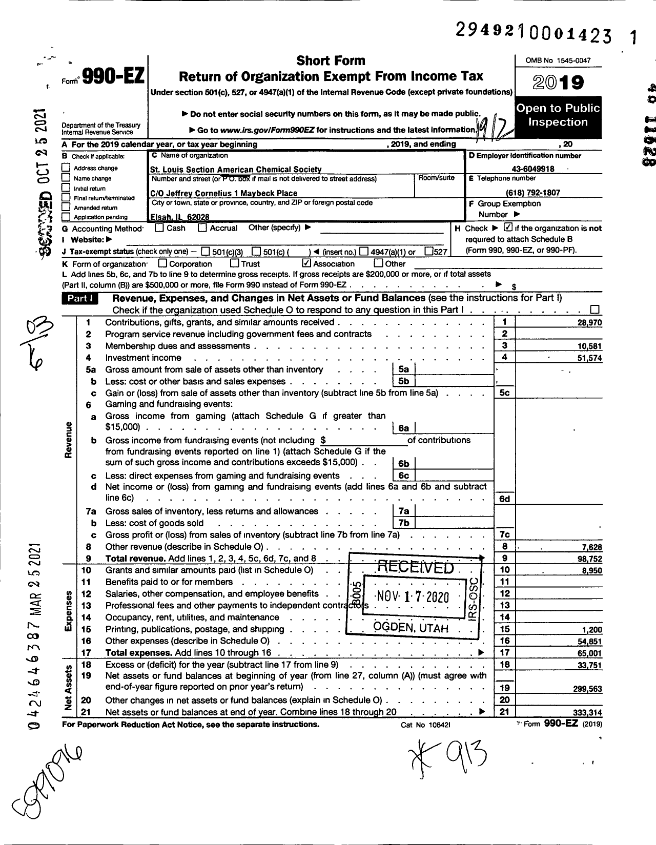 Image of first page of 2019 Form 990EZ for American Chemical Society - St Louis Section