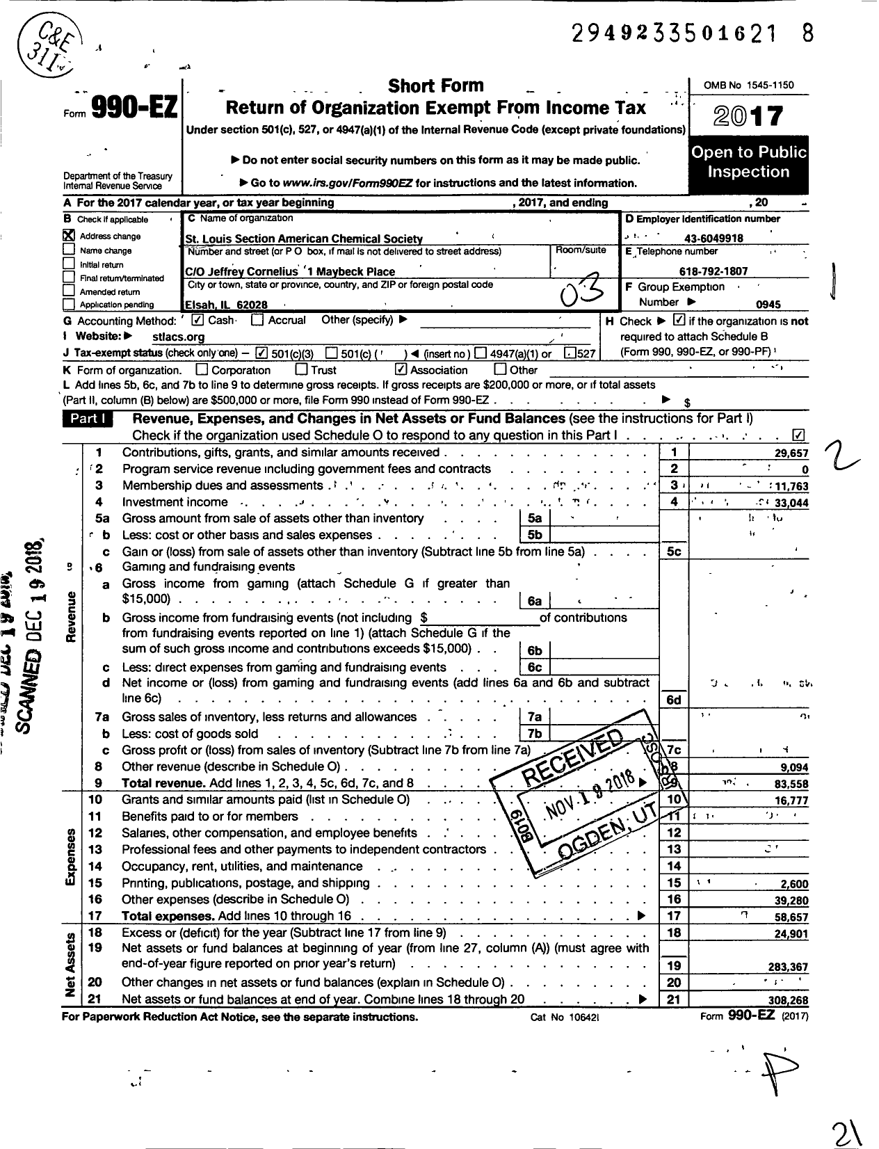 Image of first page of 2017 Form 990EZ for American Chemical Society - St Louis Section