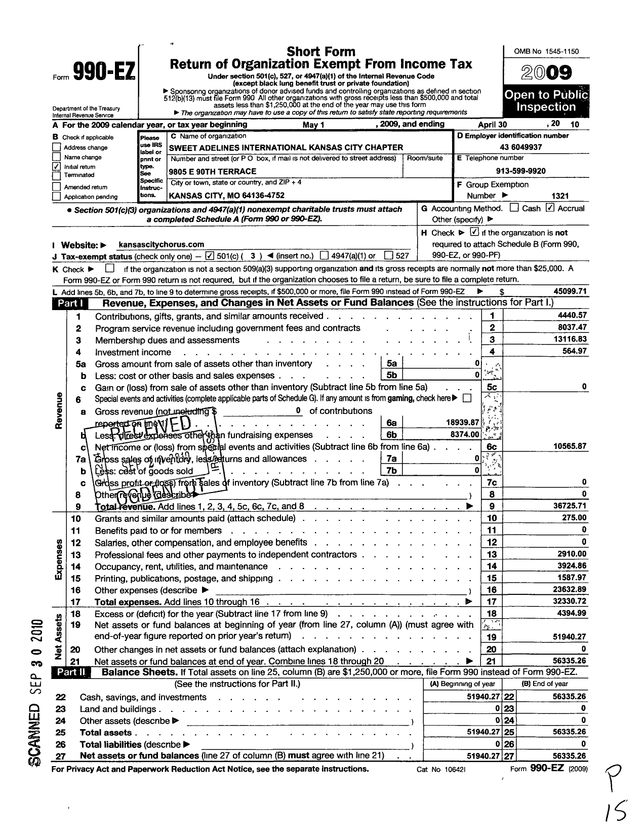 Image of first page of 2009 Form 990EZ for Sweet Adelines International - 110133 Kansas City