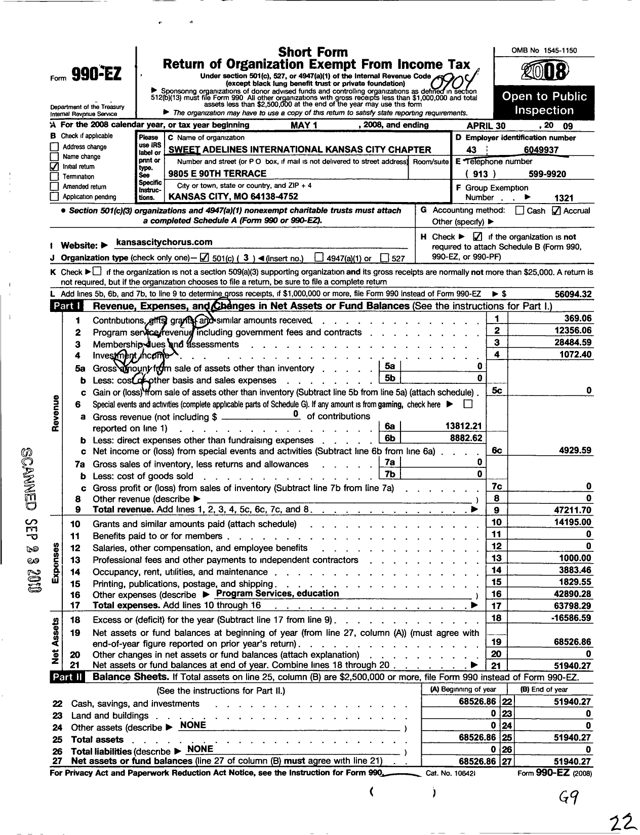 Image of first page of 2008 Form 990EZ for Sweet Adelines International - 110133 Kansas City