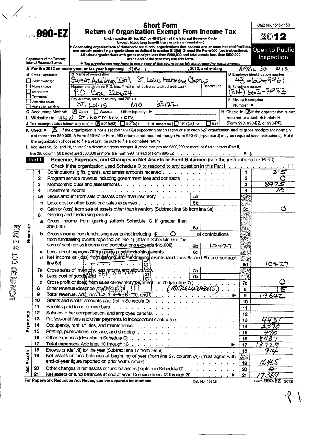 Image of first page of 2012 Form 990EZ for Sweet Adelines International - St Louis Harmony