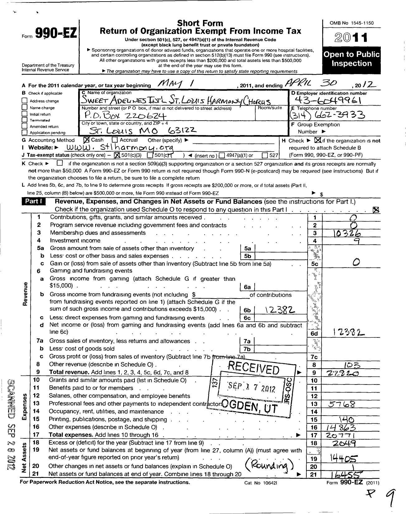 Image of first page of 2011 Form 990EZ for Sweet Adelines International - St Louis Harmony