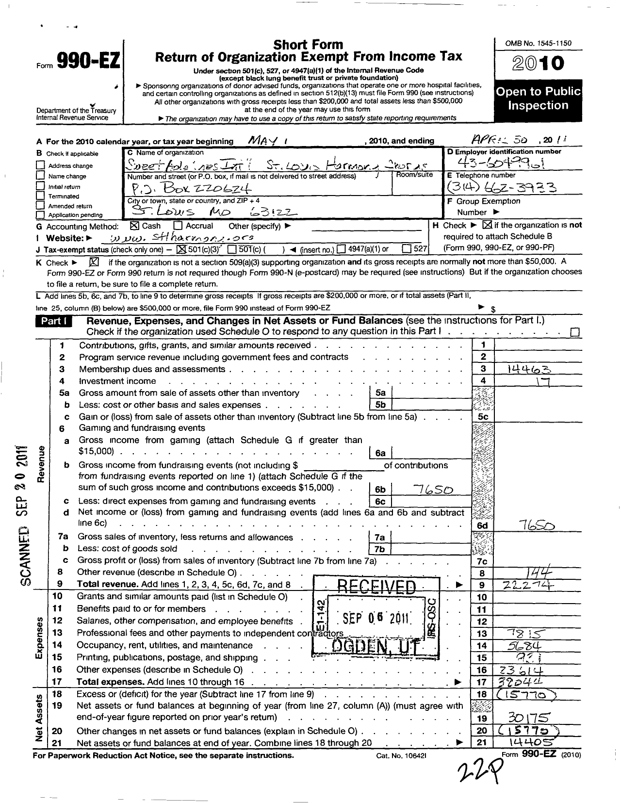 Image of first page of 2010 Form 990EZ for Sweet Adelines International - St Louis Harmony