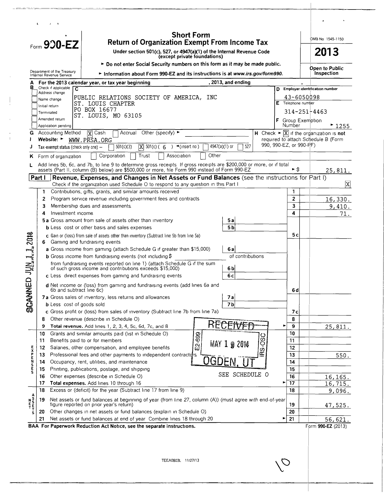 Image of first page of 2013 Form 990EO for Public Relations Society of America / St Louis Chapter