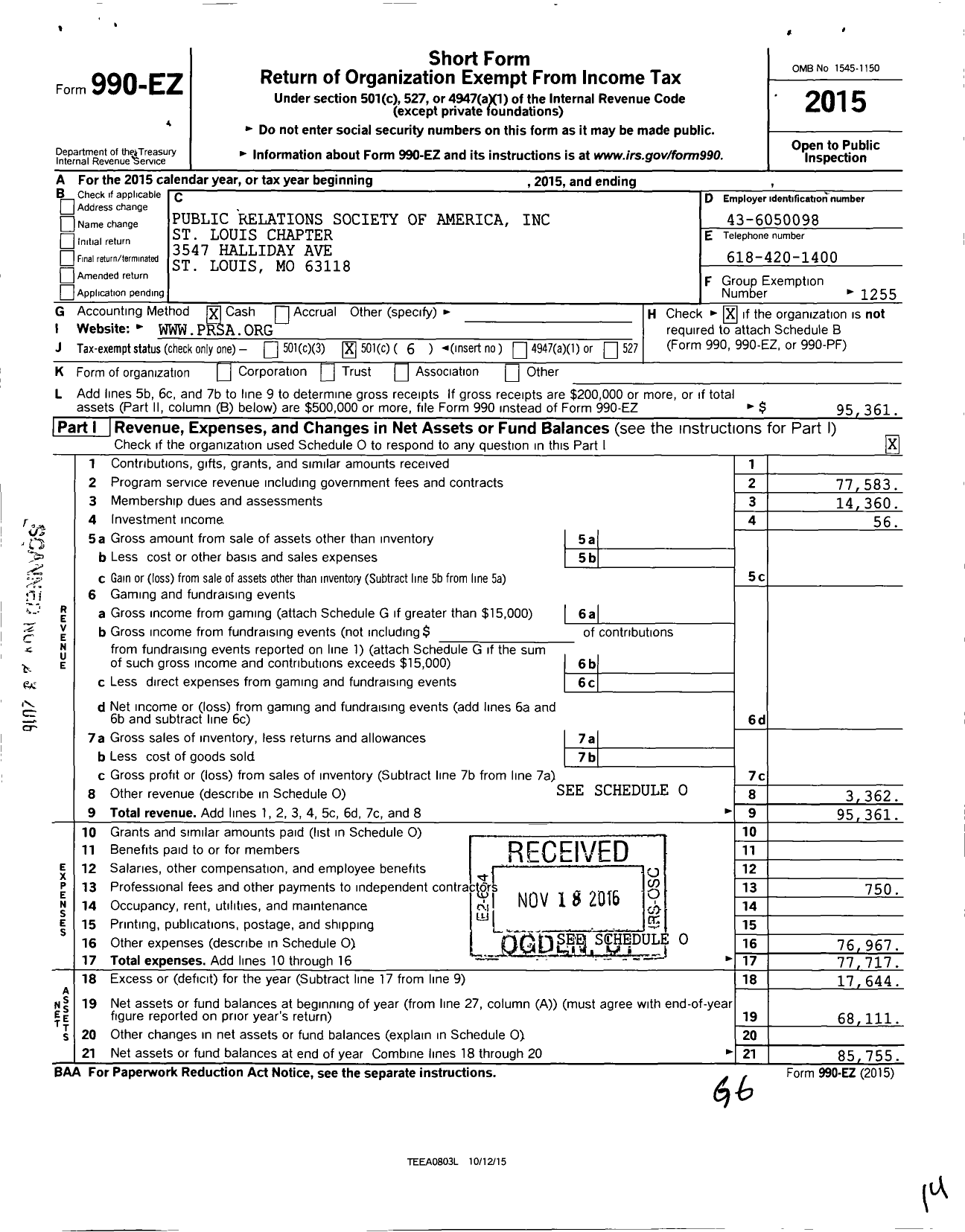 Image of first page of 2015 Form 990EO for Public Relations Society of America / St Louis Chapter