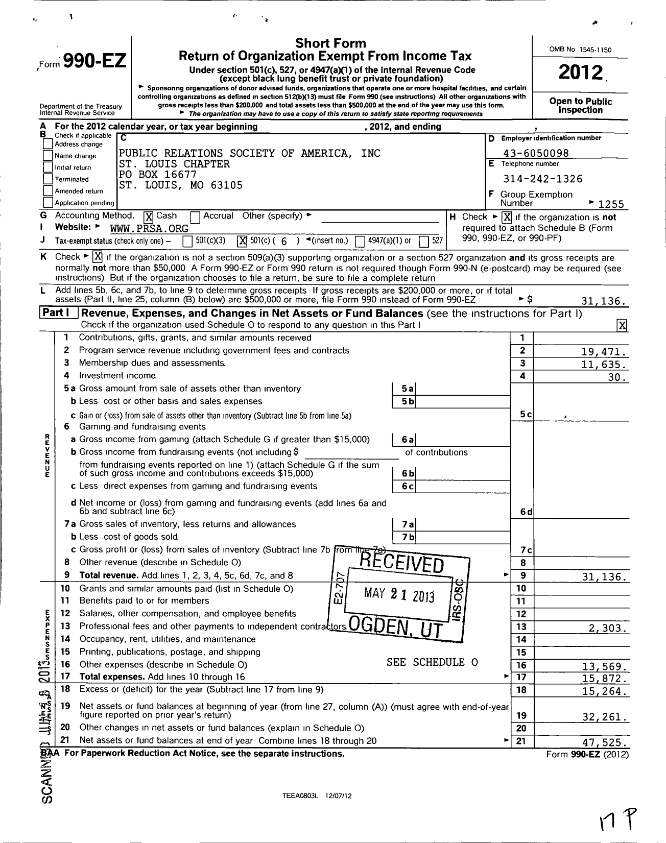 Image of first page of 2012 Form 990EO for Public Relations Society of America / St Louis Chapter