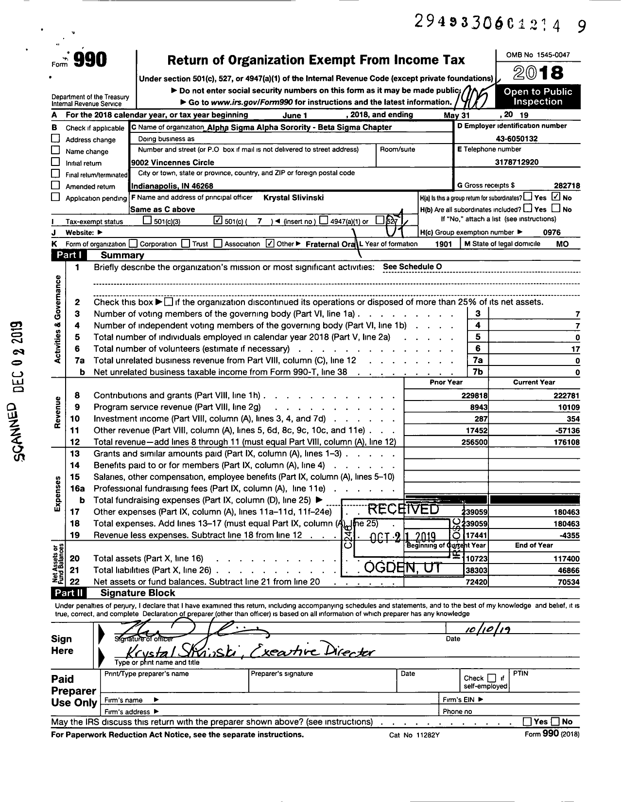 Image of first page of 2018 Form 990O for ALPHA Sigma ALPHA SORORITY Beta Sigma Chapter