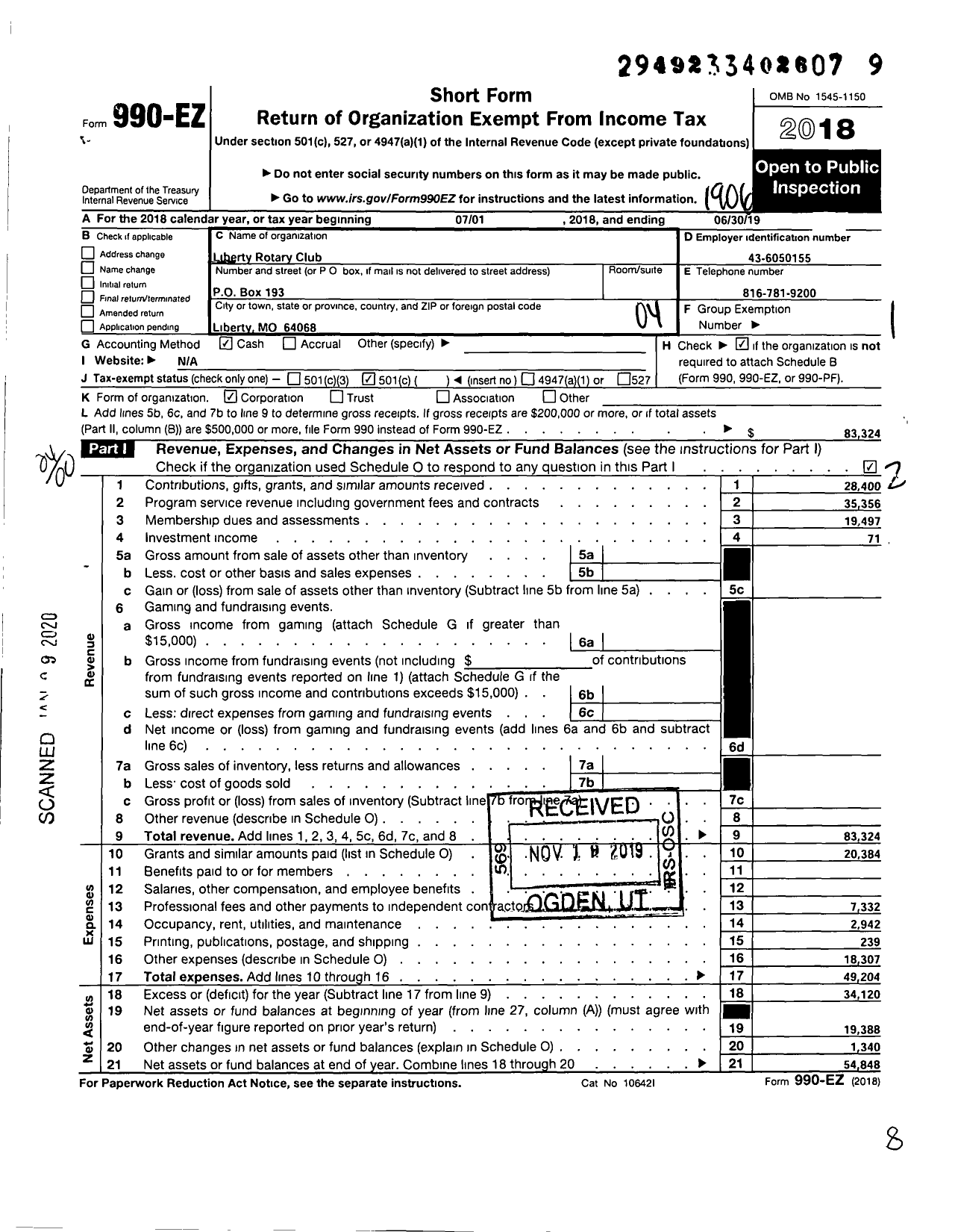 Image of first page of 2018 Form 990EO for Rotary International - Liberty Rotary Club