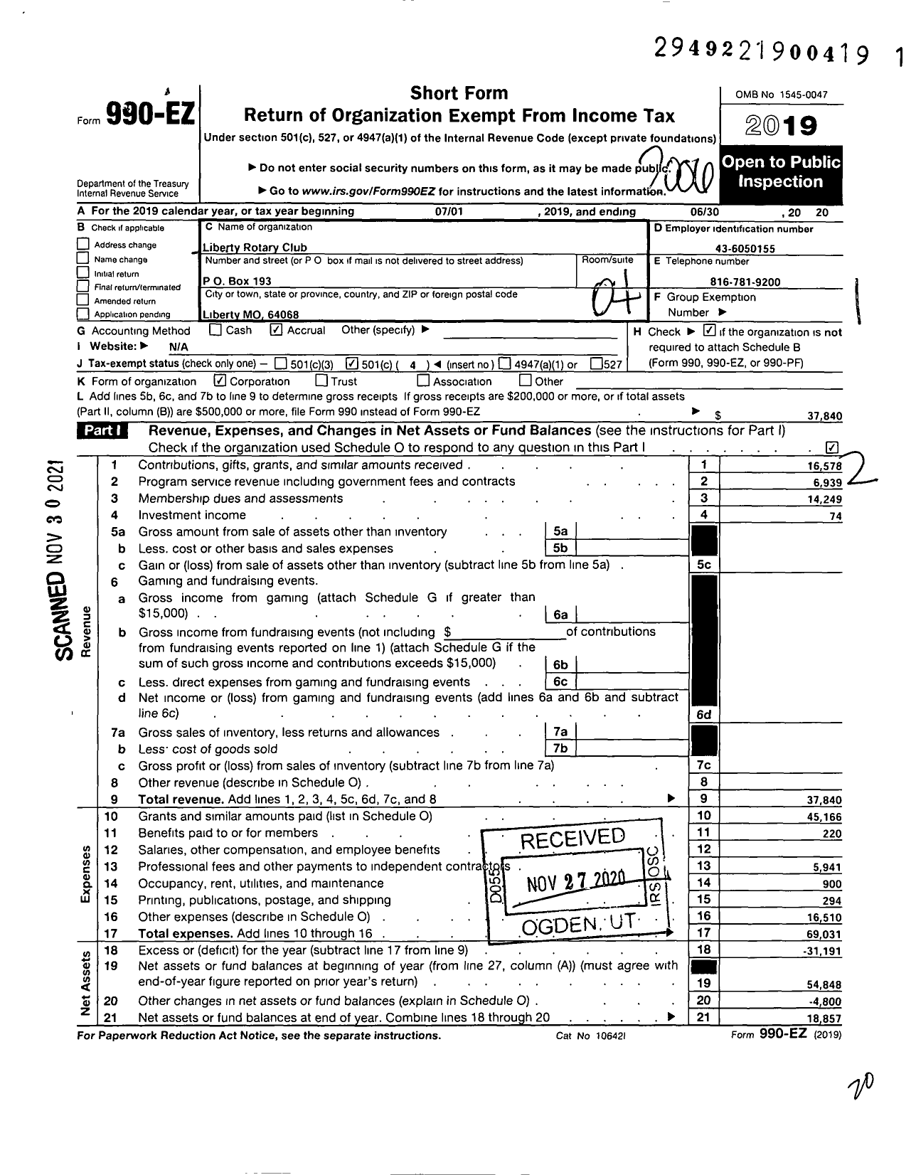 Image of first page of 2019 Form 990EO for Rotary International - Liberty Rotary Club