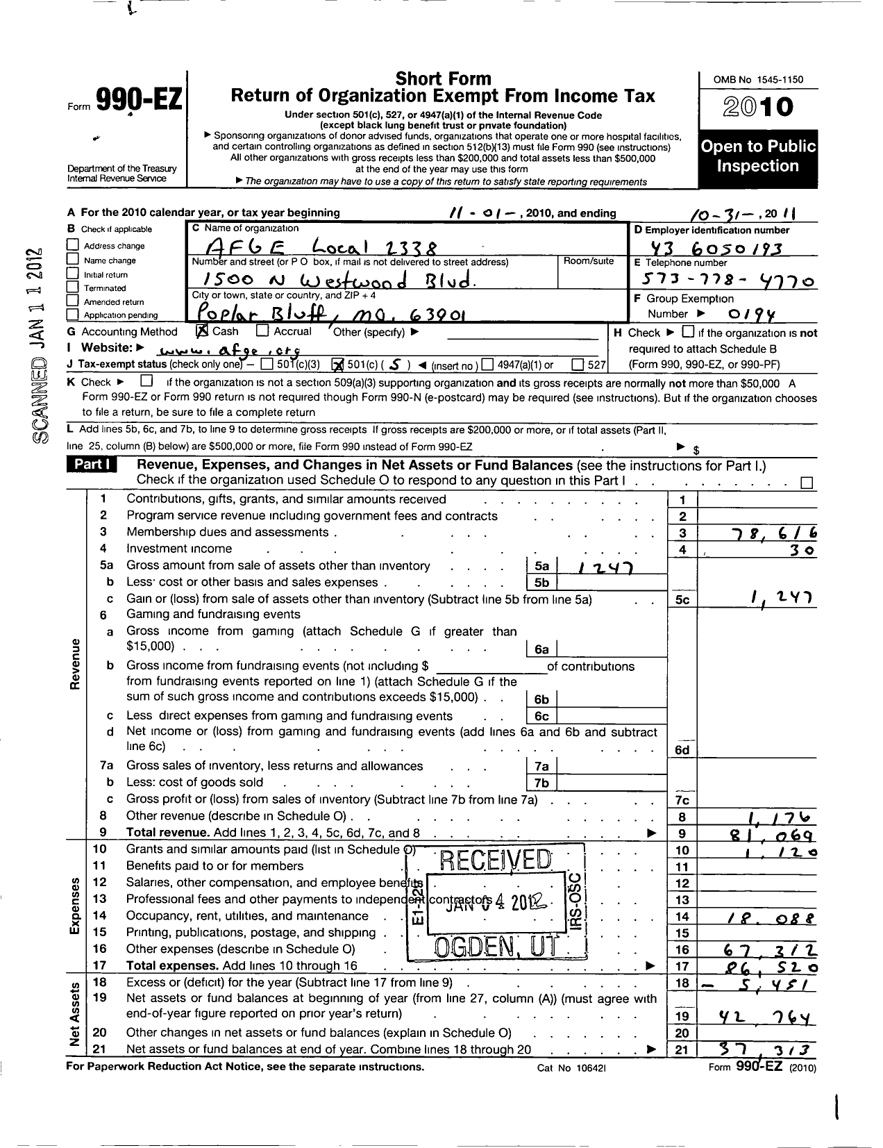 Image of first page of 2010 Form 990EO for American Federation of Government Employees - 2338 Afge Va Local