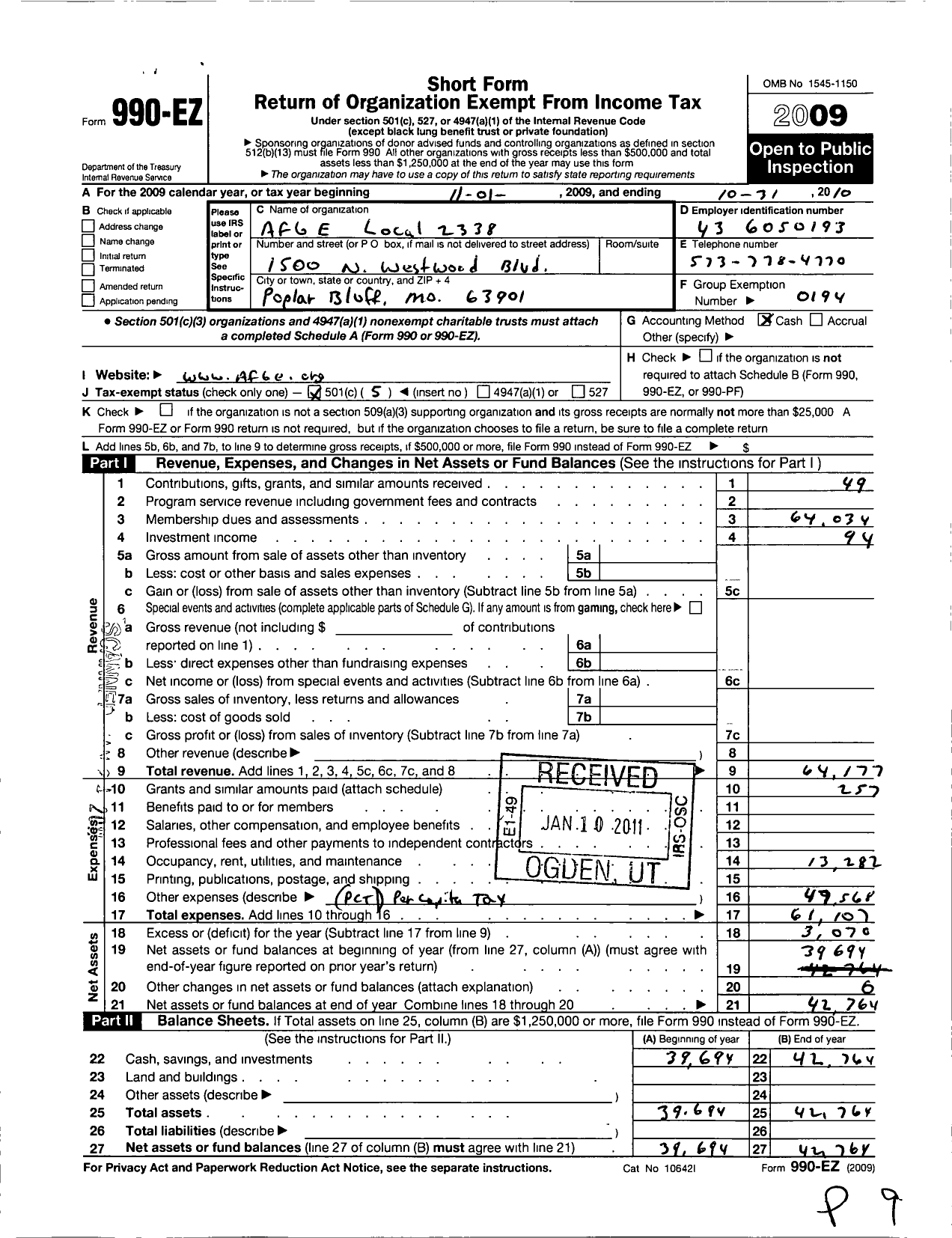 Image of first page of 2009 Form 990EO for American Federation of Government Employees - 2338 Afge Va Local