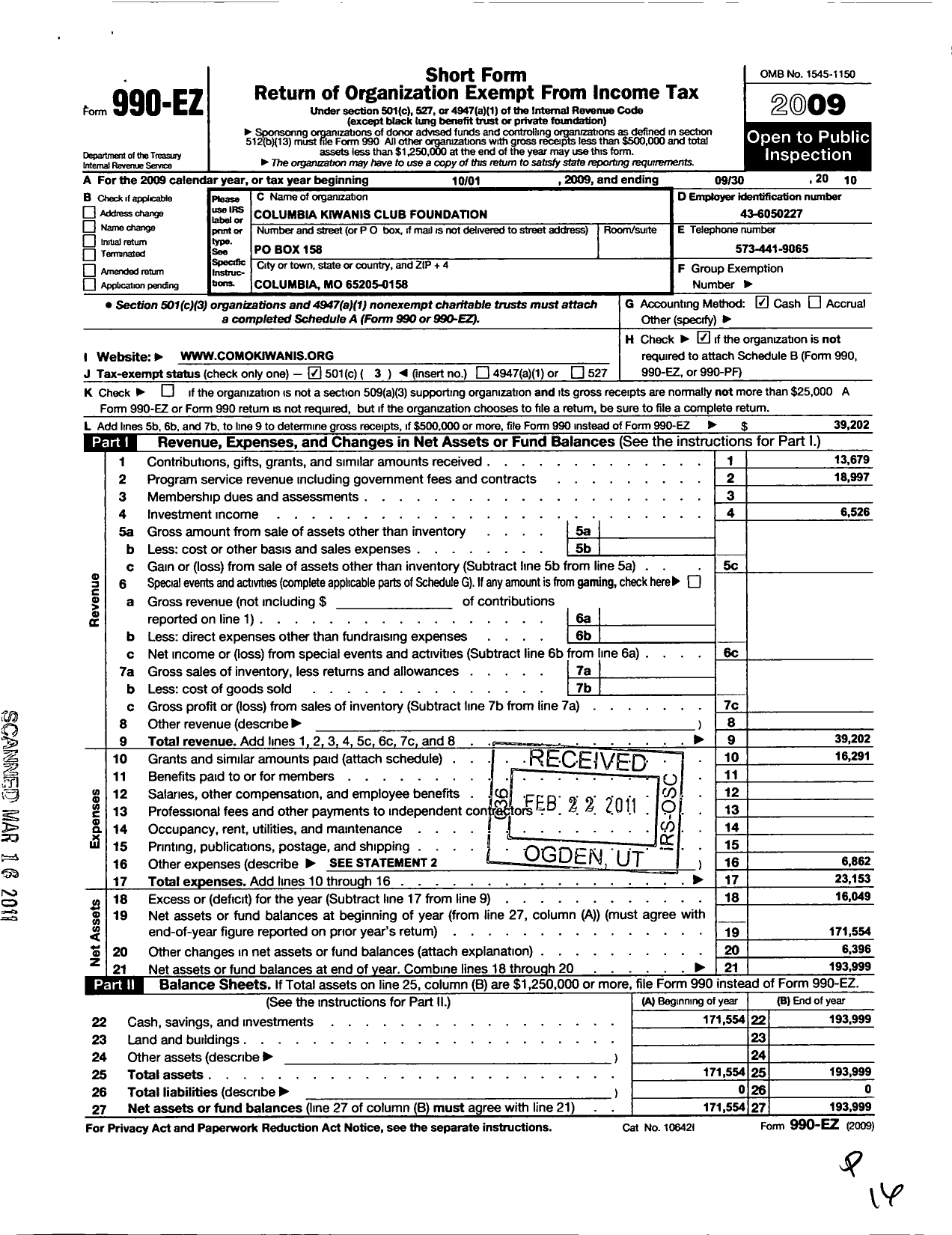 Image of first page of 2009 Form 990EZ for Columbia Kiwanis Club Foundation