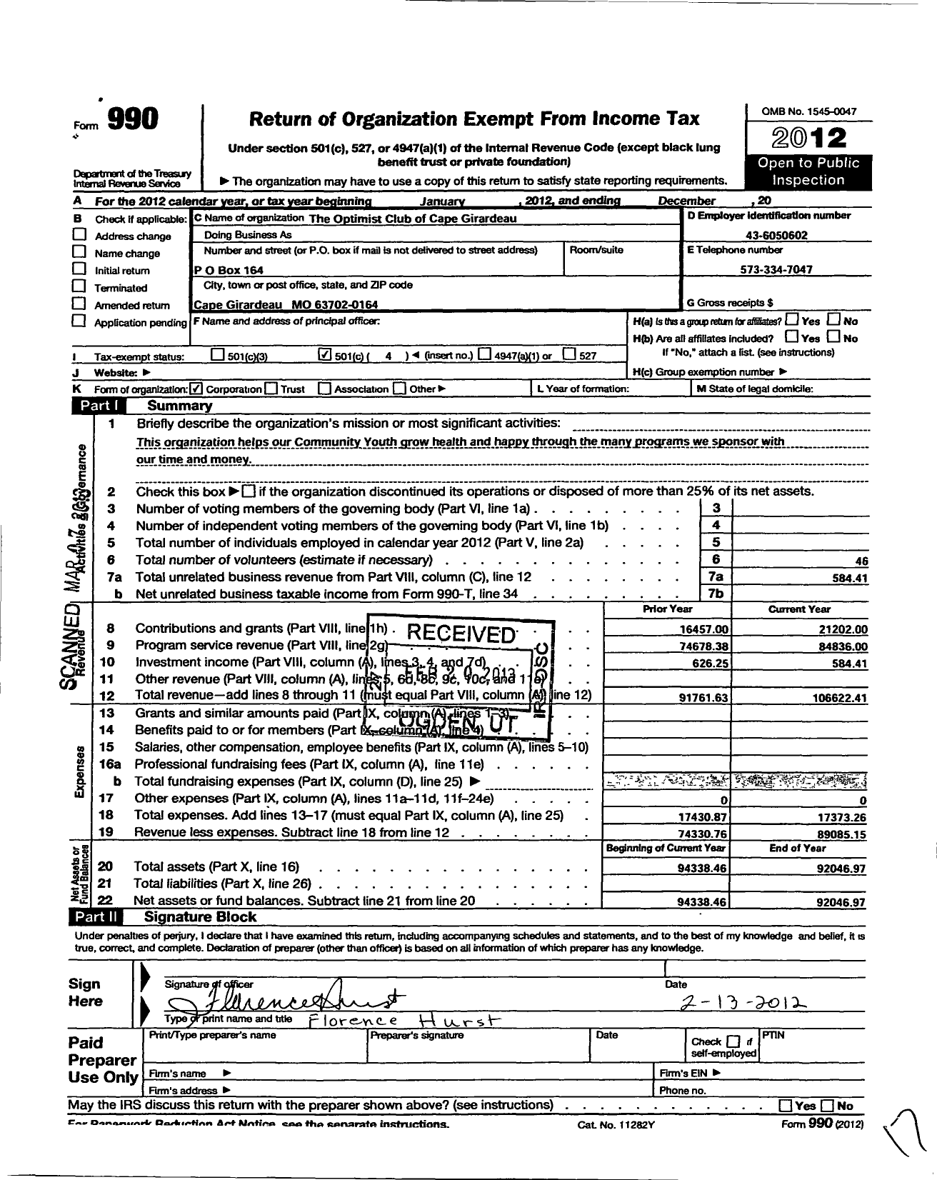 Image of first page of 2012 Form 990O for Optimist International - 30085 Oc of Cape Girardeau Mo