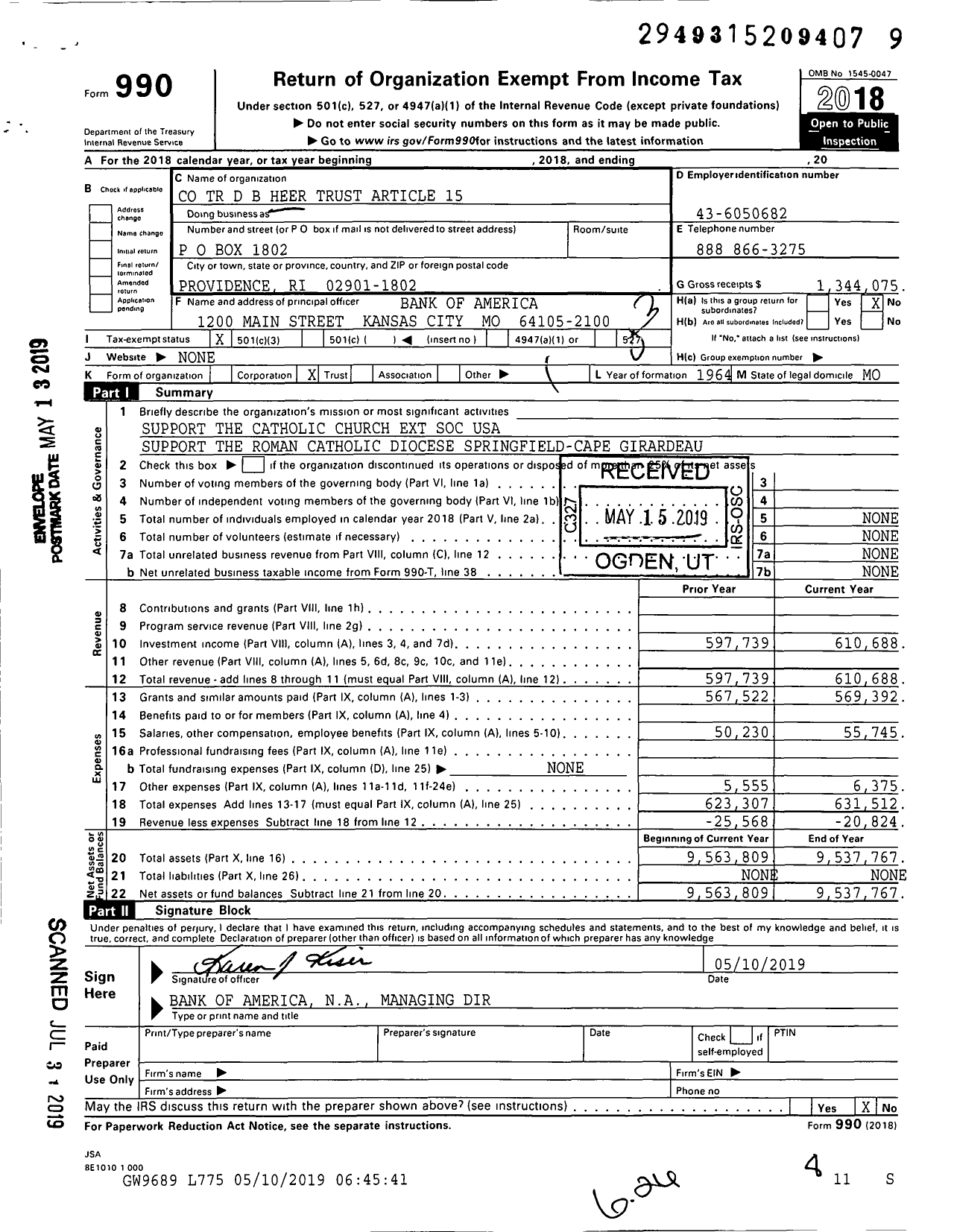 Image of first page of 2018 Form 990 for Dorsey B Heer TR 15 of Will