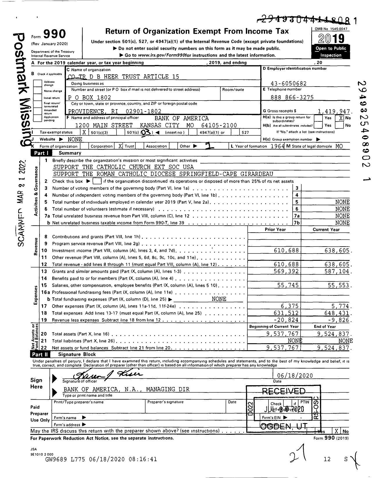 Image of first page of 2019 Form 990 for Dorsey B Heer TR 15 of Will