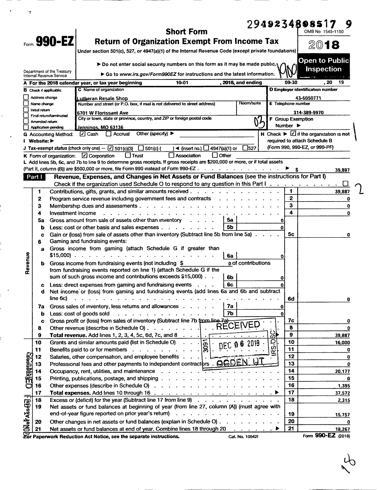 Image of first page of 2018 Form 990EZ for Lutheran Resale Shop