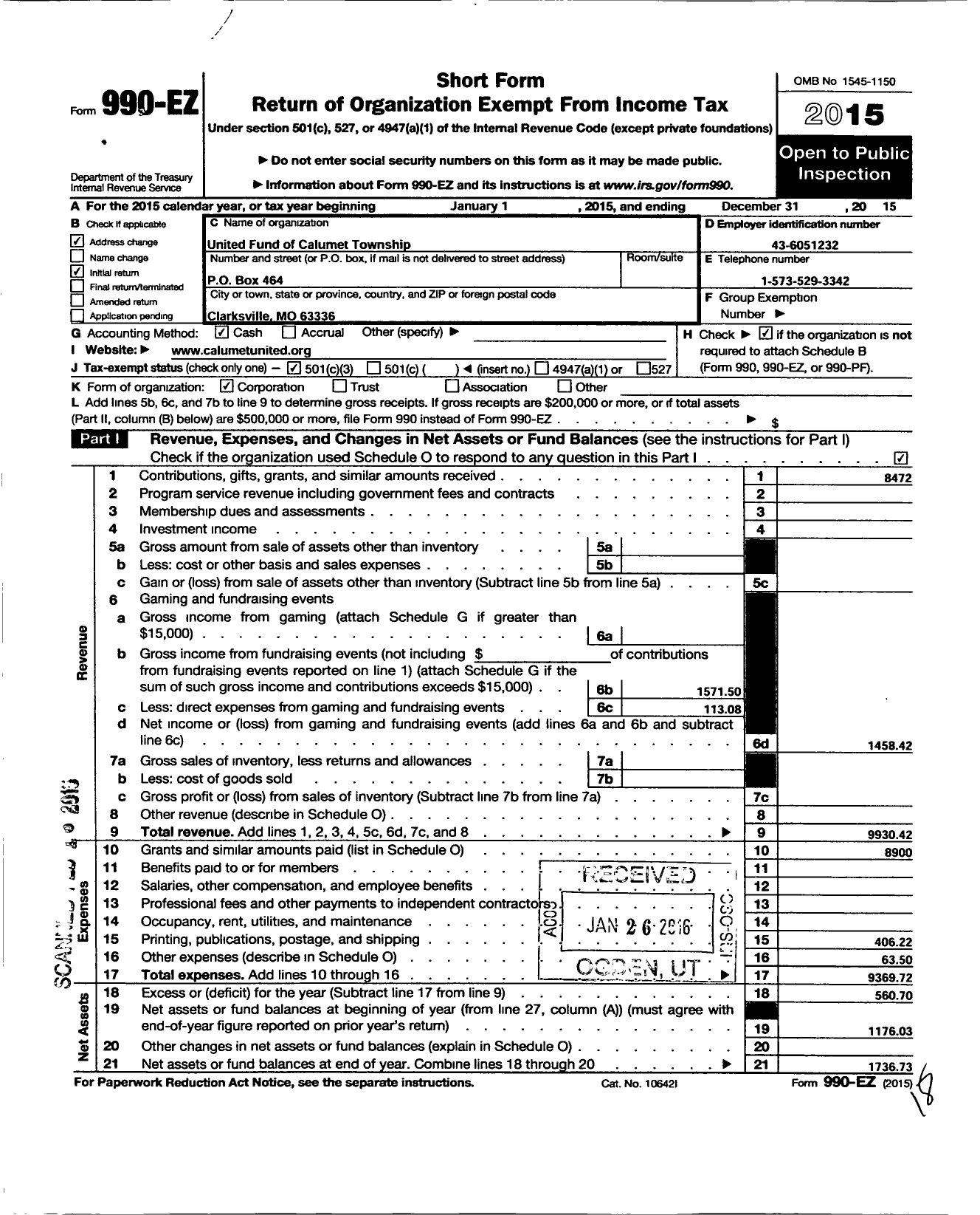 Image of first page of 2015 Form 990EZ for United Fund of Calumet Township